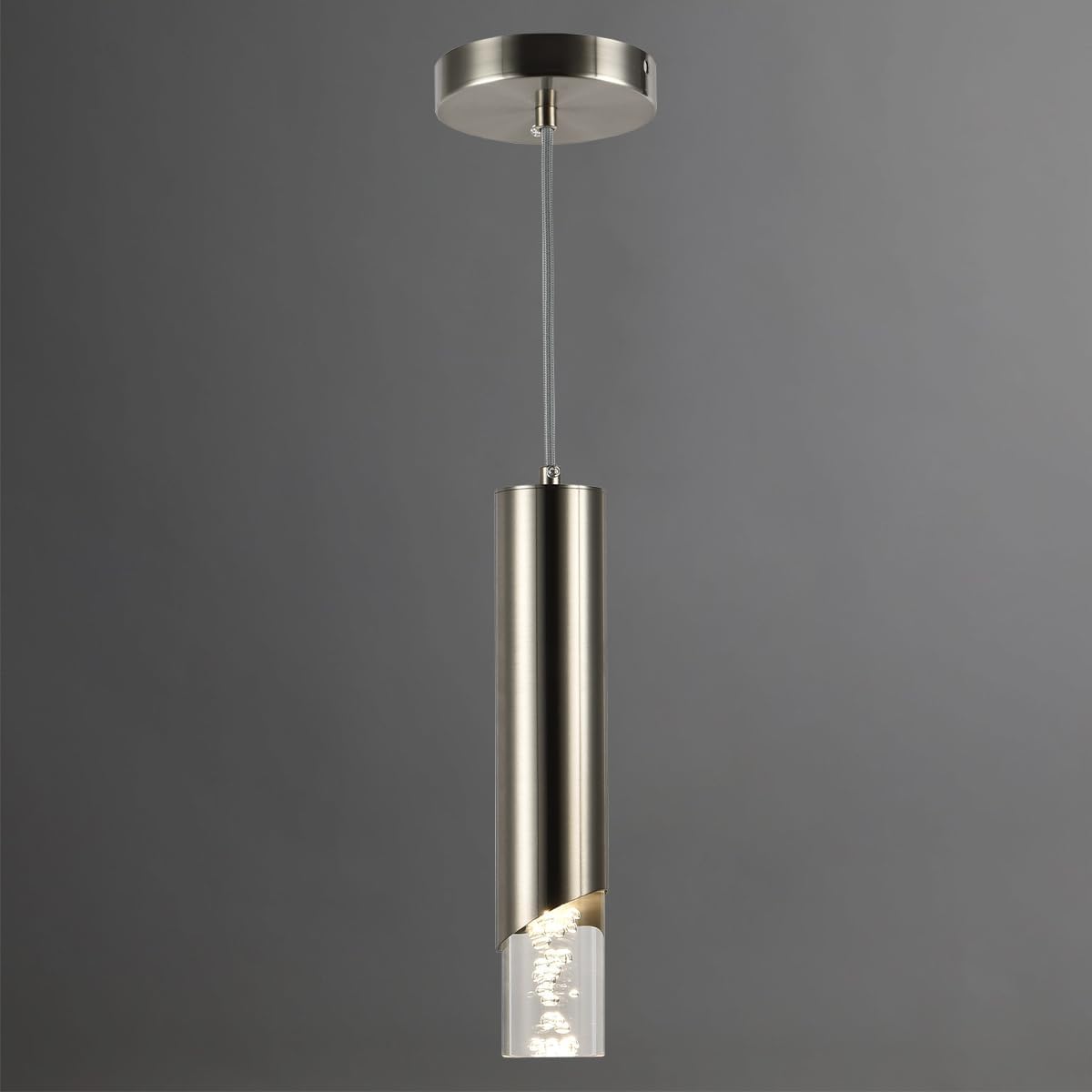 Modern Cylinder Pendant Light, Dimmable Brushed Nickel Acrylic Pendant Lights Kitchen Island, Single Small Ceiling Light Fixture with Bubble for Vanity Powder Room