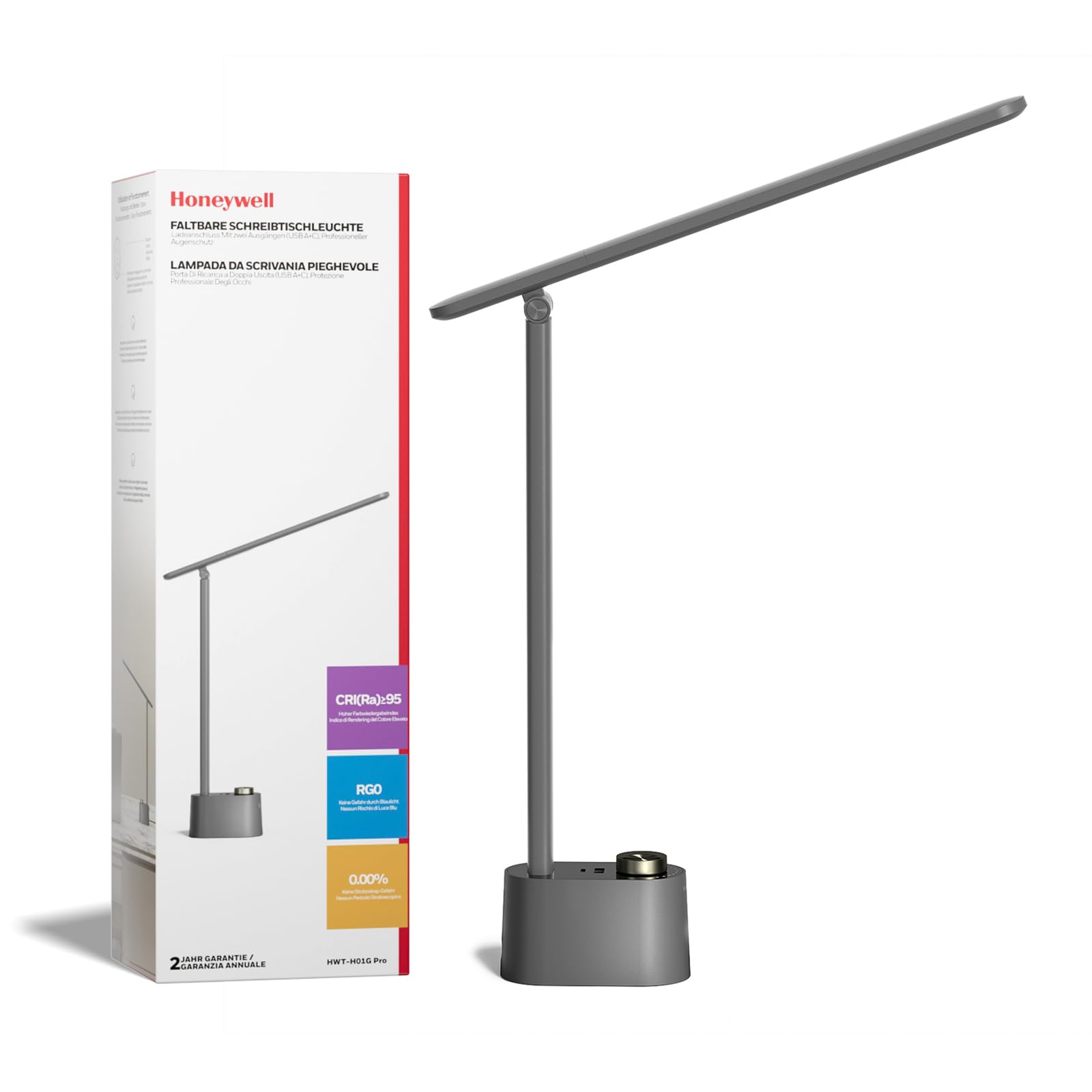 Honeywell Upgraded LED Desk Lamp - H01 Pro Sunturalux™ Foldable Desk Light with USB A+C Charging Ports, 3 Color Modes Dimmable Table Lamp for Home Office Reading(Black)