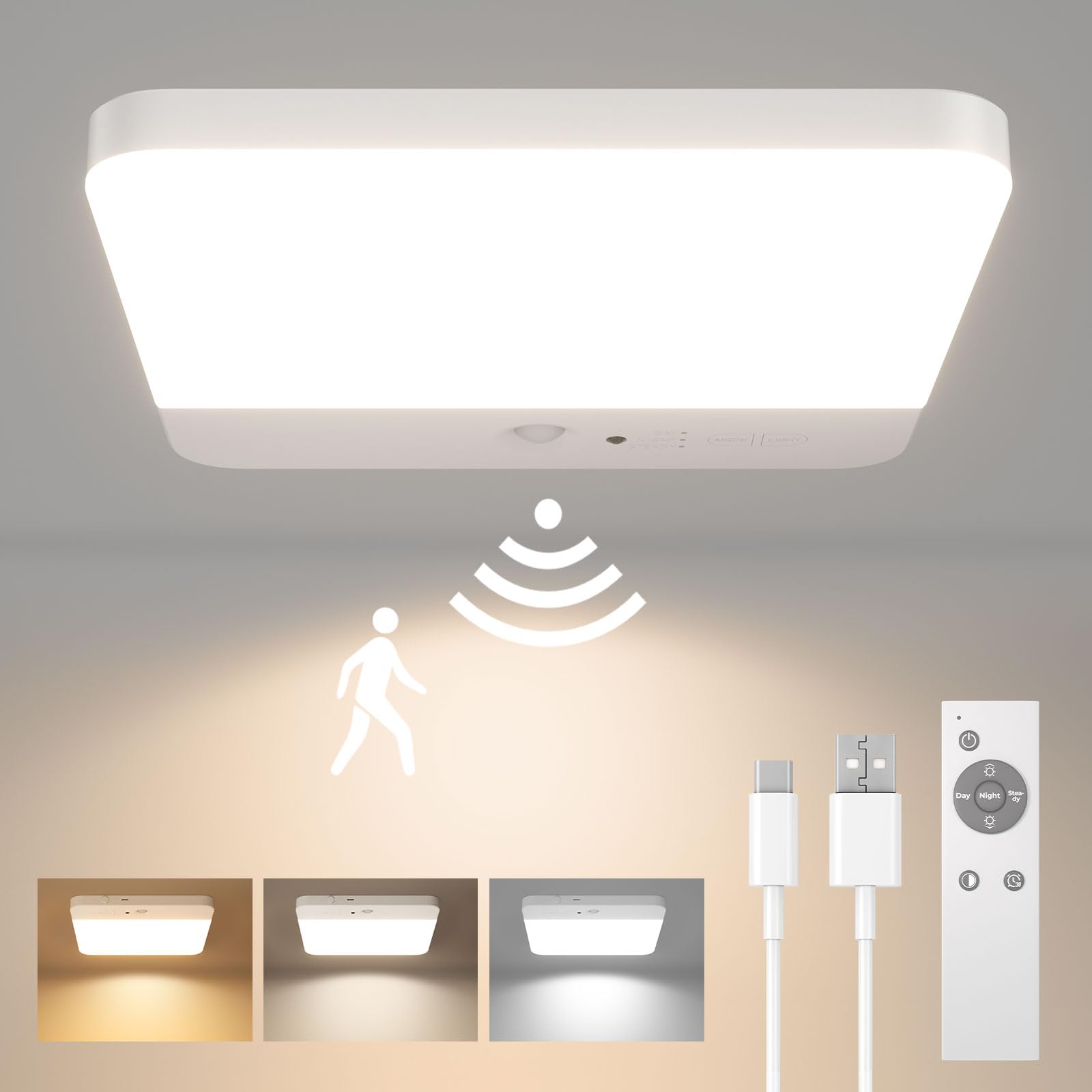FULEN Motion Sensor Ceiling Light Fixture, Cordless Closet Light Battery Operated, Rechargeable Magnetic Mount LED Shower Light for Bathroom,Stairs,Garage,Hallway, Color Change, 2 Pack