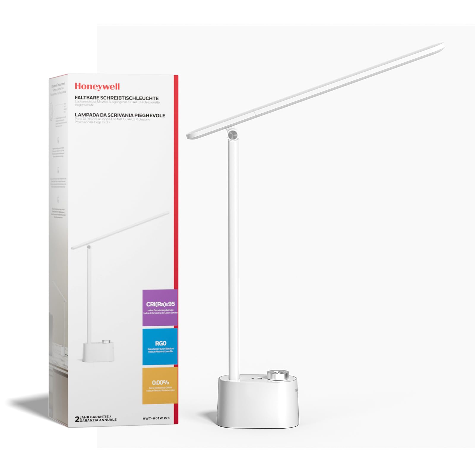 Honeywell Upgraded LED Desk Lamp - H01 Pro Sunturalux™ Foldable Desk Light with USB A+C Charging Ports, 3 Color Modes Dimmable Table Lamp for Home Office Reading(Black)