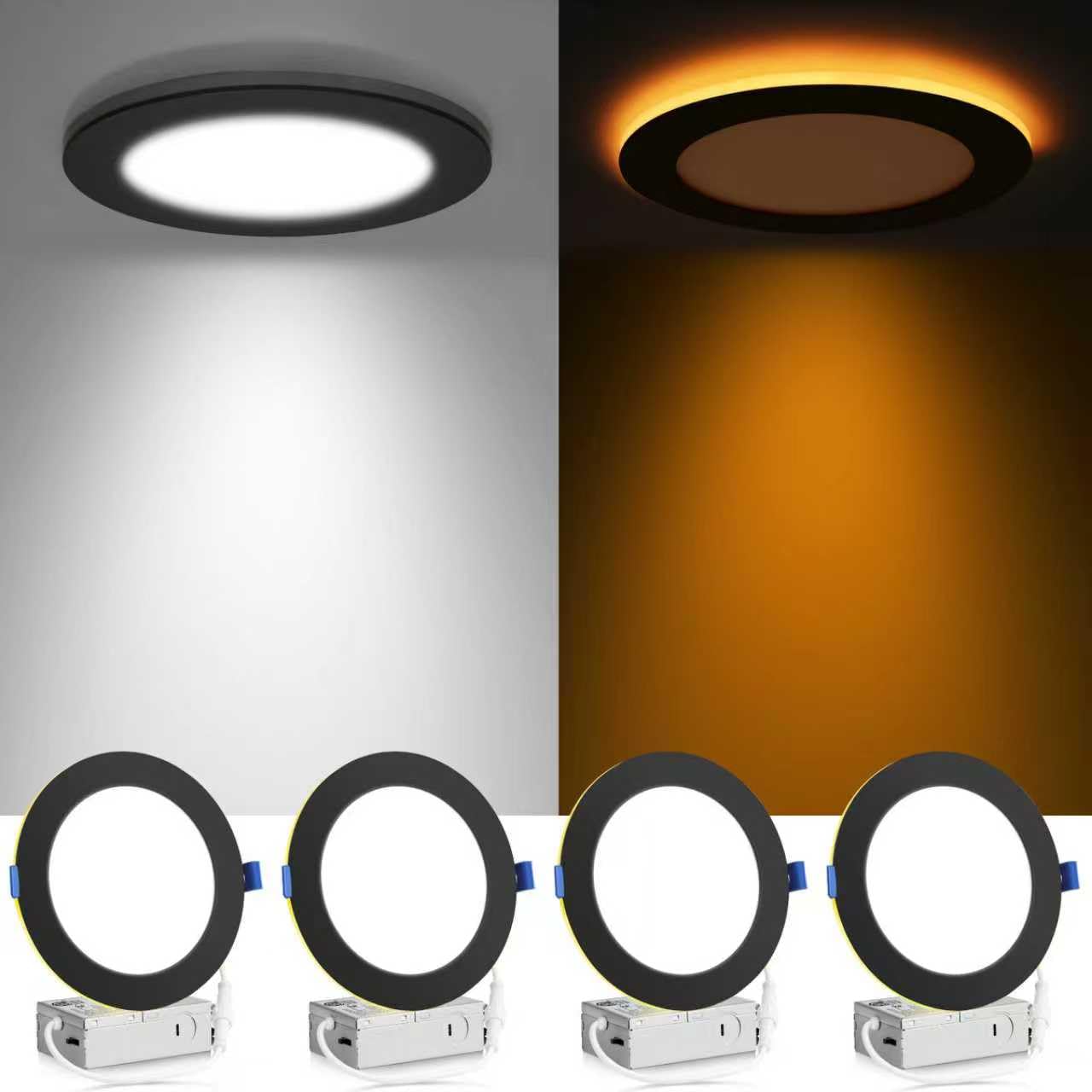 Meconard 4 Pack 6 Inch 5CCT LED Canless Recessed Lighting with Night Light, 2700K/3000K/3500K/4000K/5000K Selectable Ultra-Thin LED Ceiling Lights, 12W=110W, 1050LM, Dimmable Wafer Downlight ETL&FCC