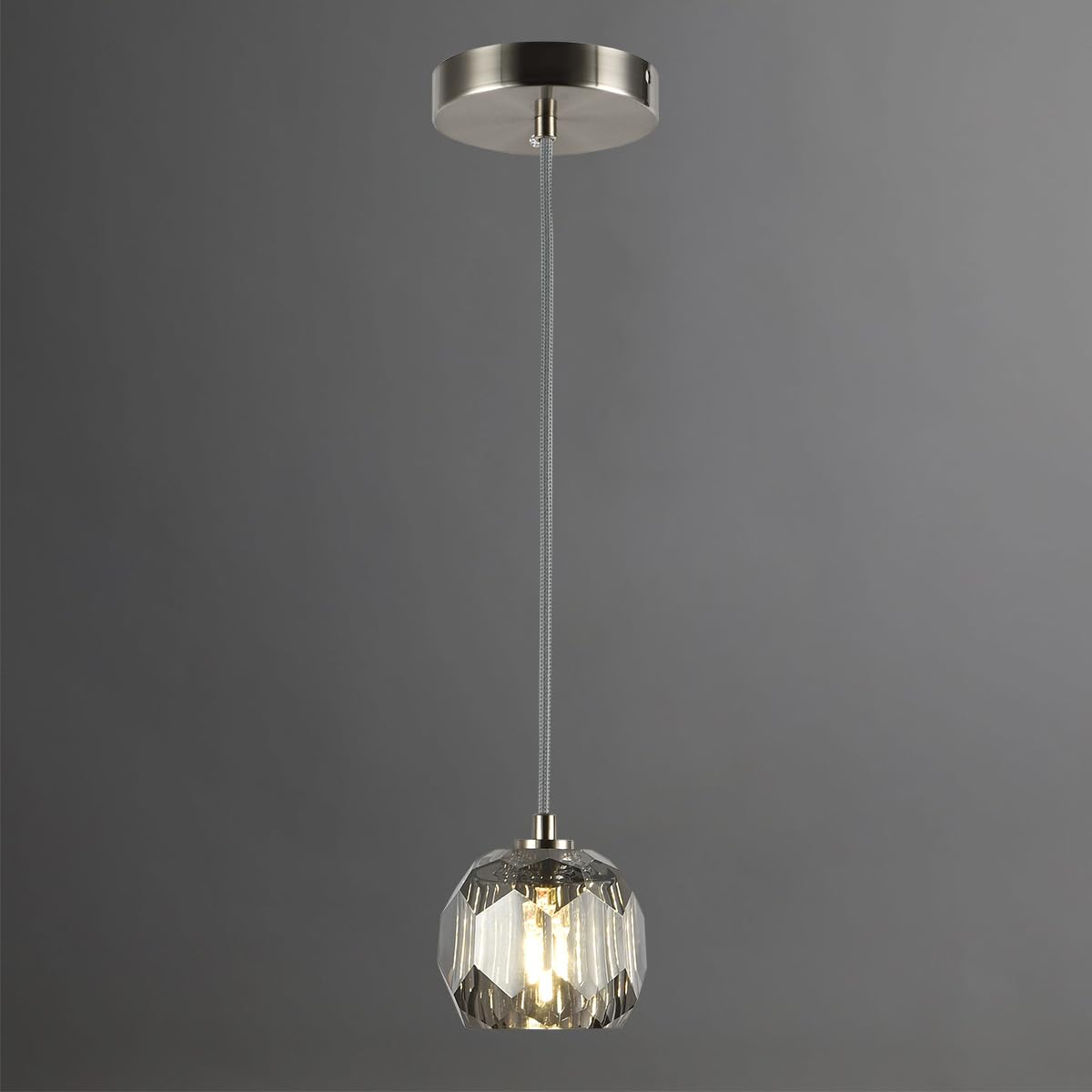 Modern Cylinder Pendant Light, Dimmable Brushed Nickel Acrylic Pendant Lights Kitchen Island, Single Small Ceiling Light Fixture with Bubble for Vanity Powder Room