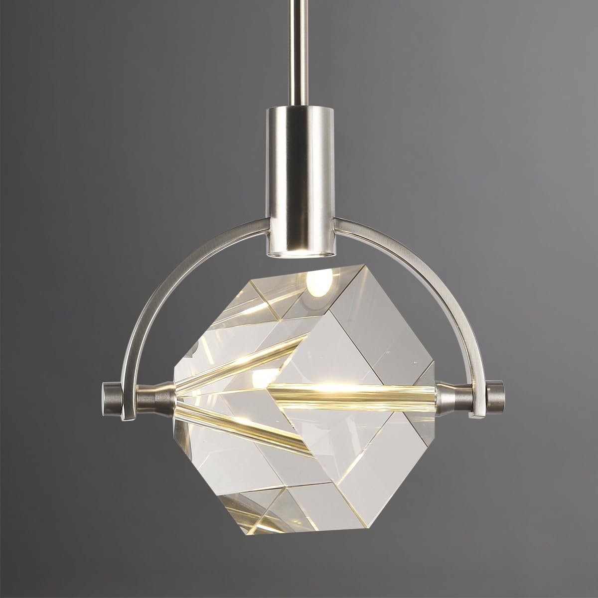 Modern Cylinder Pendant Light, Dimmable Brushed Nickel Acrylic Pendant Lights Kitchen Island, Single Small Ceiling Light Fixture with Bubble for Vanity Powder Room