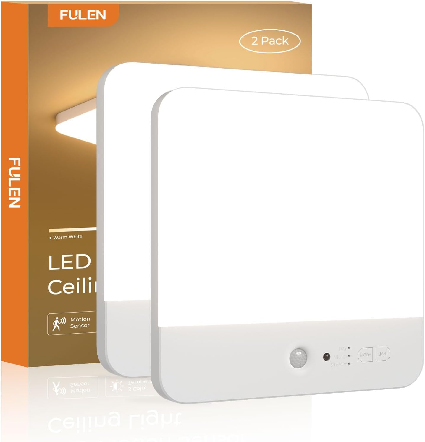 FULEN Motion Sensor Ceiling Light Fixture, Cordless Closet Light Battery Operated, Rechargeable Magnetic Mount LED Shower Light for Bathroom,Stairs,Garage,Hallway, Color Change, 2 Pack