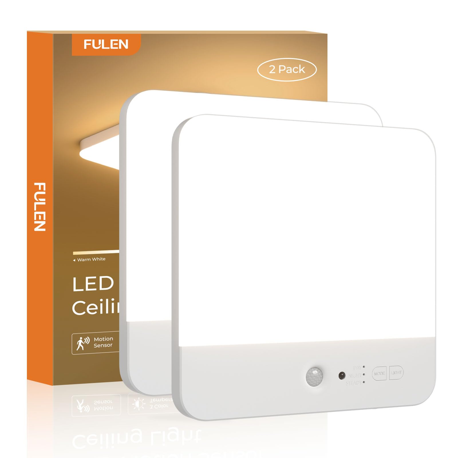 FULEN Motion Sensor Ceiling Light Fixture, Cordless Closet Light Battery Operated, Rechargeable Magnetic Mount LED Shower Light for Bathroom,Stairs,Garage,Hallway, Color Change, 2 Pack