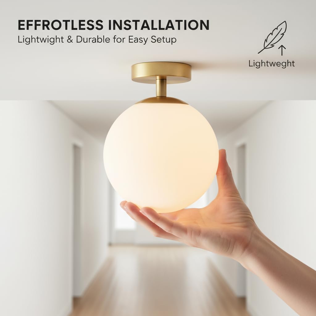 Modern Globe Pendant Light – Large Mid Century, Shatterproof Acrylic Opal Shade, Gold Finish, 2-Light, Adjustable Height for Sloped Ceilings, Hanging Lamp for Kitchen Island Dining Room Hallway