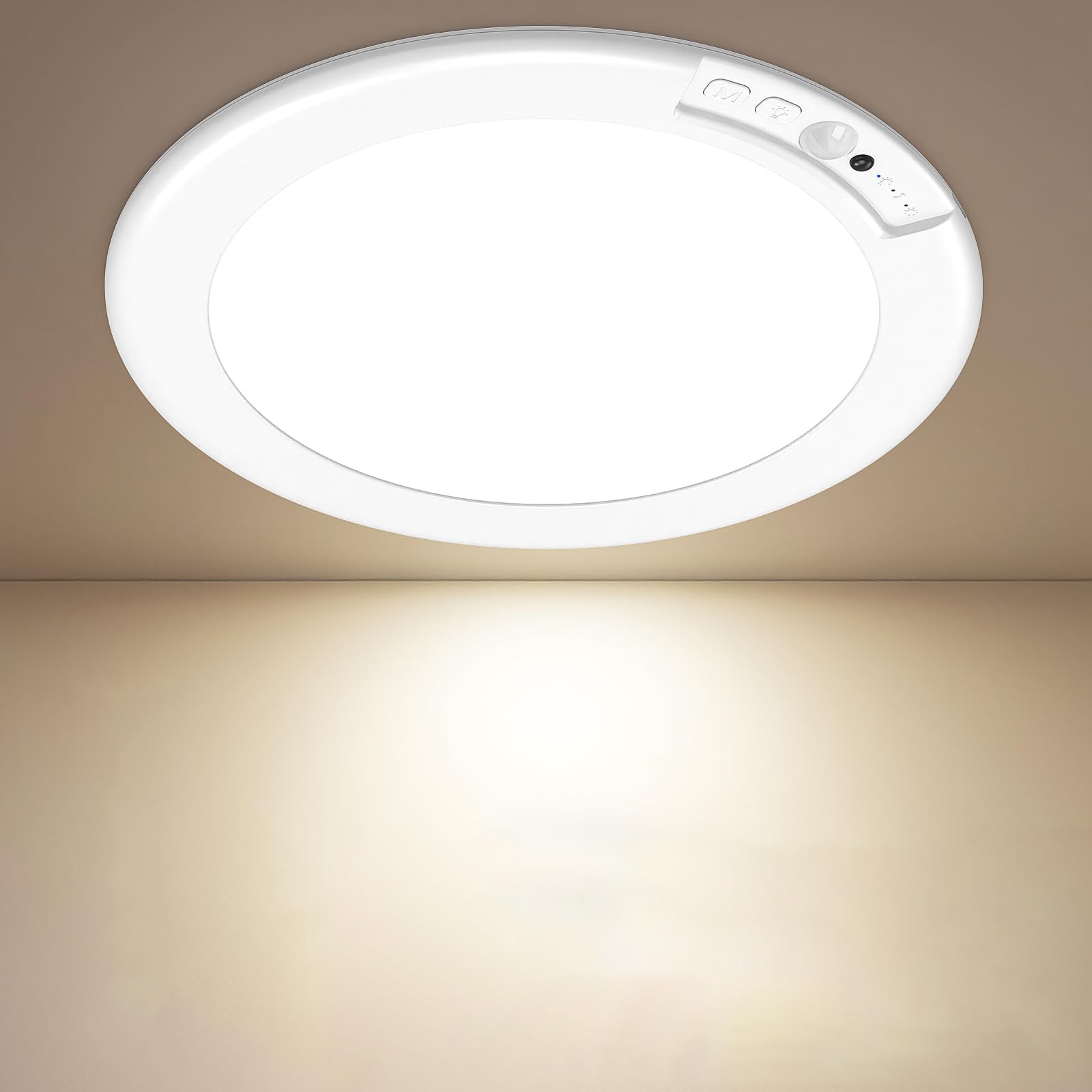Rechargeable Motion Sensor Ceiling Lights with Remote, Battery Operated Closet Lights No Wiring, Wireless LED Shower Lights, 3 Colors Dimmable Overhead Lamps for Closet Shower Pantry Hallway, 2 Pack