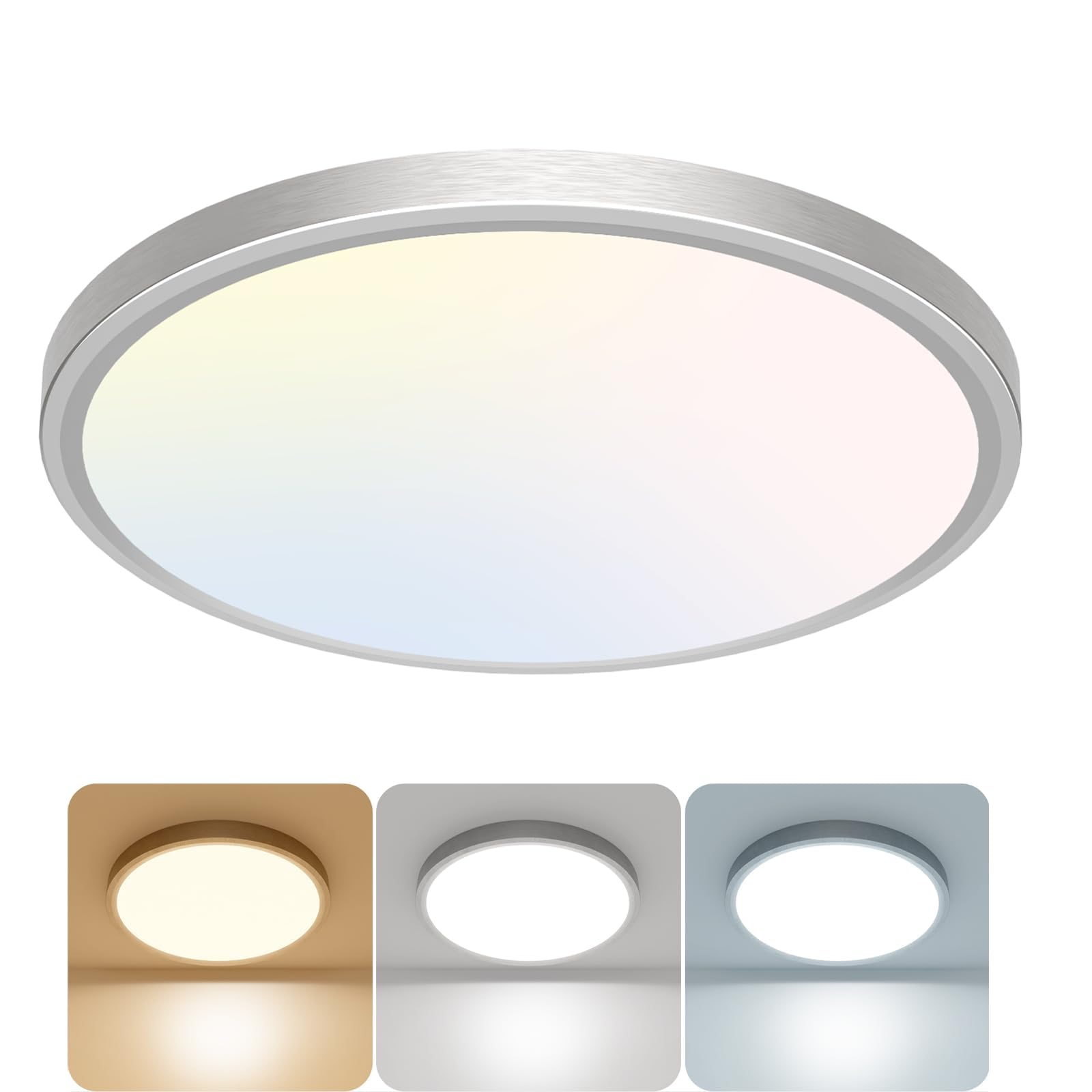 libtit 12 inch Flush Mount LED Ceiling Light Fixture, 3000K 4000K 6500K Adjustable, 28W 3200lm Brushed Nickel Satin Round Ceiling Lamp for Bathroom Hallway Kitchen Bedroom, 2 Pack