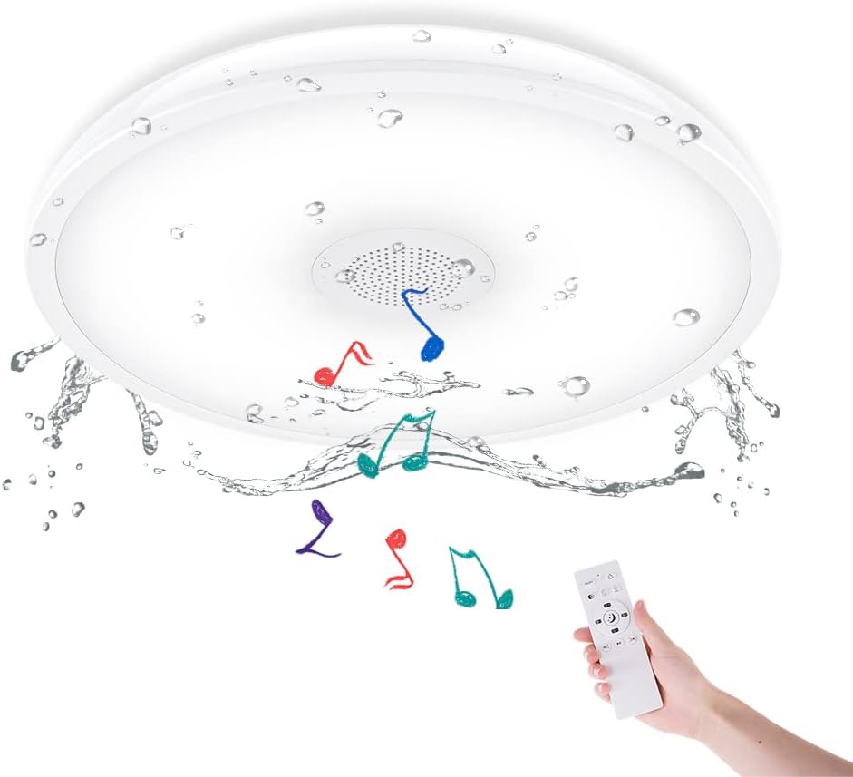 Bathroom Ceiling Light Fixture, Waterproof IP65 18W LED Music Ceiling Lamp with Remote Control with Bluetooth Speaker,FCC and UL1598 Certified for Kitchen, Laundry, Hallway. (Need Wired)