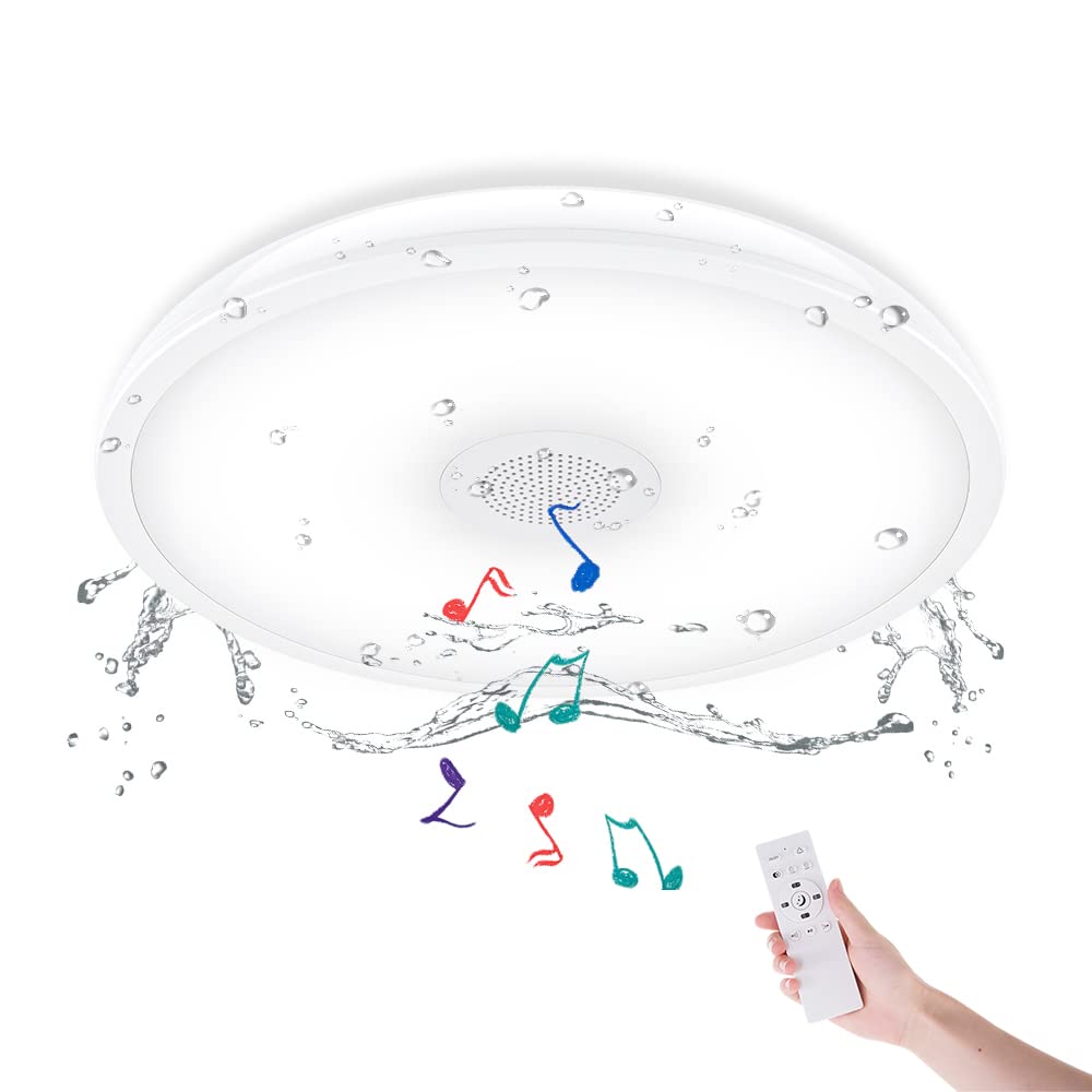 Bathroom Ceiling Light Fixture, Waterproof IP65 18W LED Music Ceiling Lamp with Remote Control with Bluetooth Speaker,FCC and UL1598 Certified for Kitchen, Laundry, Hallway. (Need Wired)