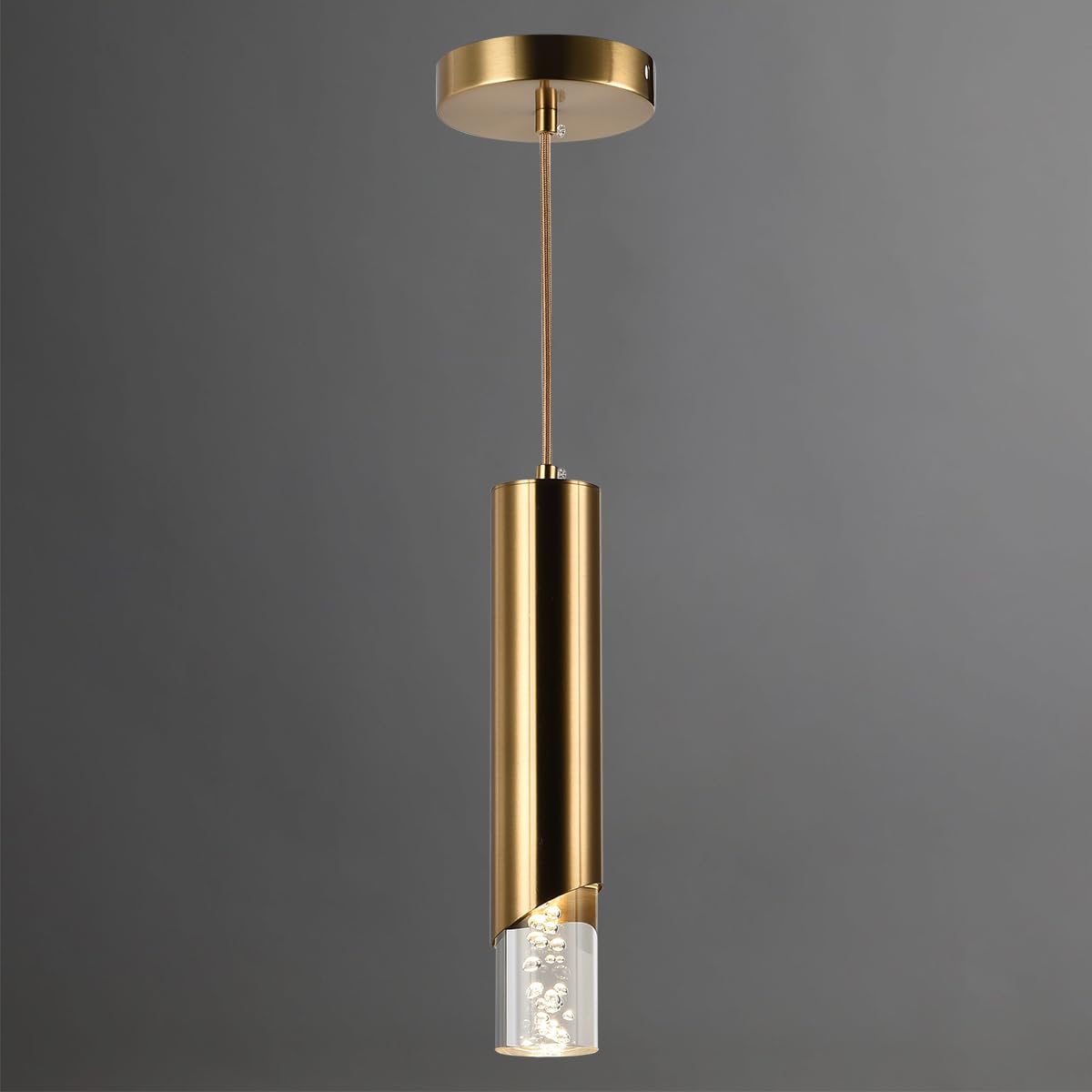 Modern Cylinder Pendant Light, Dimmable Brushed Nickel Acrylic Pendant Lights Kitchen Island, Single Small Ceiling Light Fixture with Bubble for Vanity Powder Room
