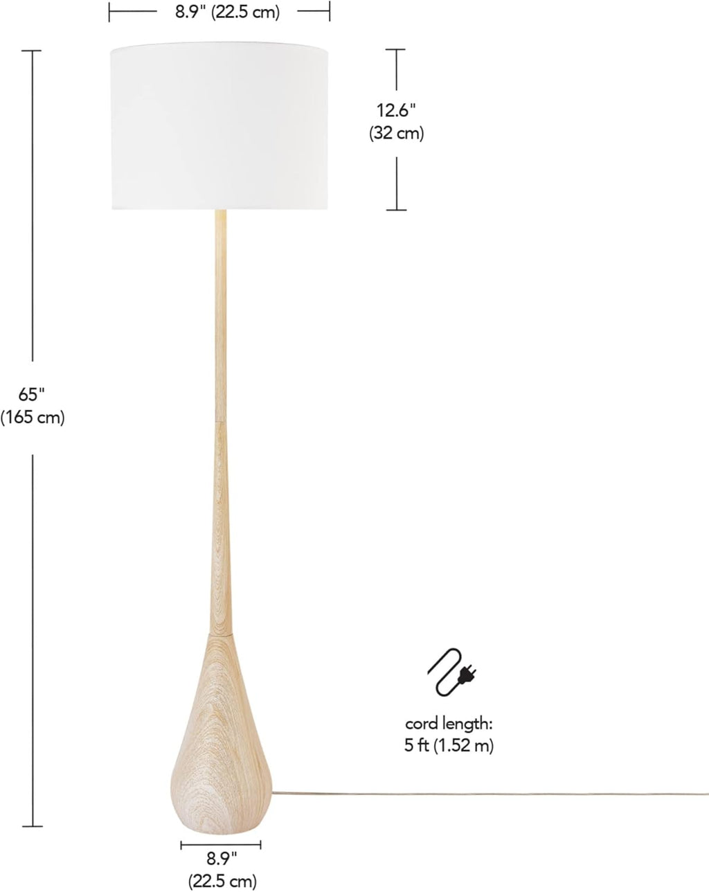 Globe Electric 65" Floor Lamp, Wood-Toned Finish, White Cotton Shade, Japandi Style, E26 Base, On/Off Rotary Switch, 5-Ft Cord, 52112