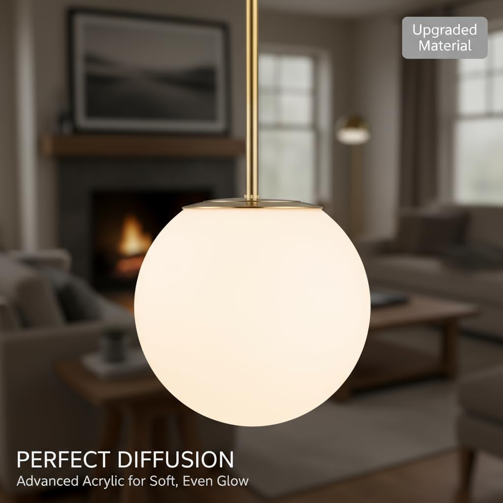 Modern Globe Pendant Light – Large Mid Century, Shatterproof Acrylic Opal Shade, Gold Finish, 2-Light, Adjustable Height for Sloped Ceilings, Hanging Lamp for Kitchen Island Dining Room Hallway