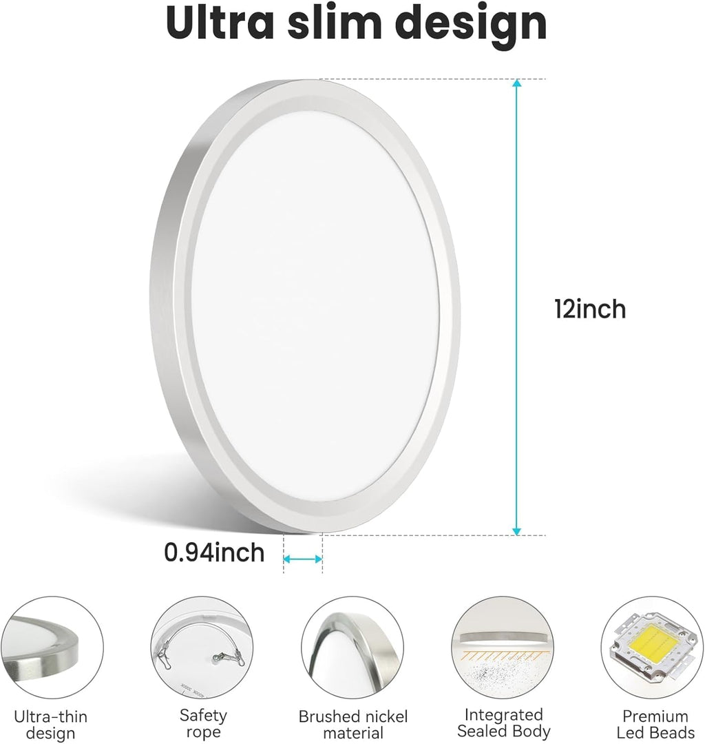 libtit 12 inch Flush Mount LED Ceiling Light Fixture, 3000K 4000K 6500K Adjustable, 28W 3200lm Brushed Nickel Satin Round Ceiling Lamp for Bathroom Hallway Kitchen Bedroom, 2 Pack