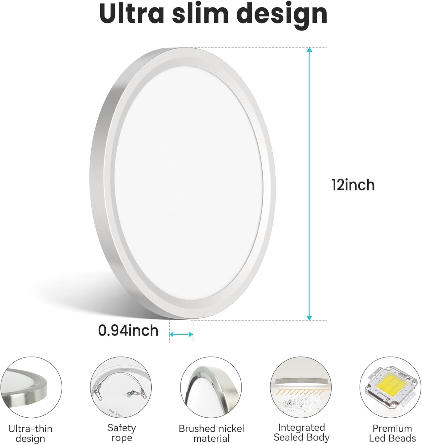 libtit 12 inch Flush Mount LED Ceiling Light Fixture, 3000K 4000K 6500K Adjustable, 28W 3200lm Brushed Nickel Satin Round Ceiling Lamp for Bathroom Hallway Kitchen Bedroom, 2 Pack