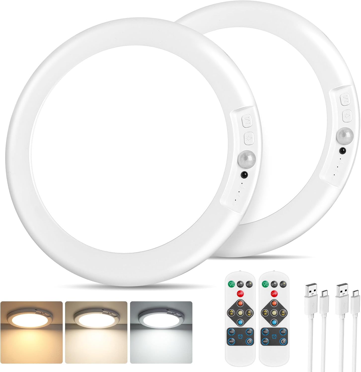 Rechargeable Motion Sensor Ceiling Lights with Remote, Battery Operated Closet Lights No Wiring, Wireless LED Shower Lights, 3 Colors Dimmable Overhead Lamps for Closet Shower Pantry Hallway, 2 Pack