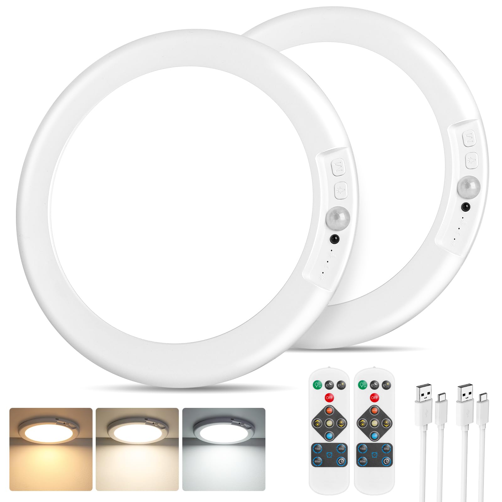 Rechargeable Motion Sensor Ceiling Lights with Remote, Battery Operated Closet Lights No Wiring, Wireless LED Shower Lights, 3 Colors Dimmable Overhead Lamps for Closet Shower Pantry Hallway, 2 Pack