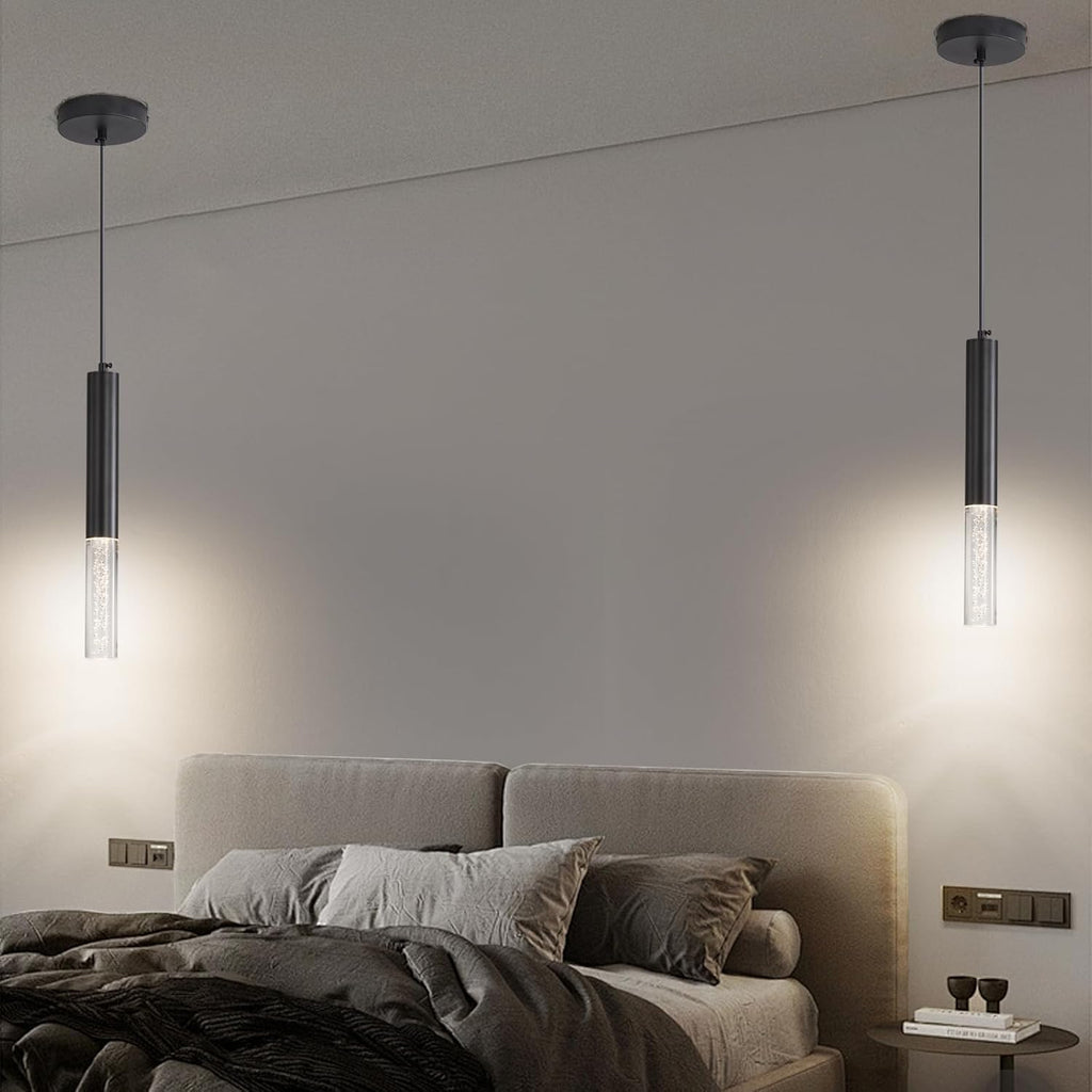 2 Pack Modern Pendant Lights, Mini Chandelier Bubble Acrylic Pendant Lighting for Kitchen Island, 3 Color 3000K/4500K/6500K, Black LED Ceiling Hanging Light for Bathroom, Dining Room, Bedroom