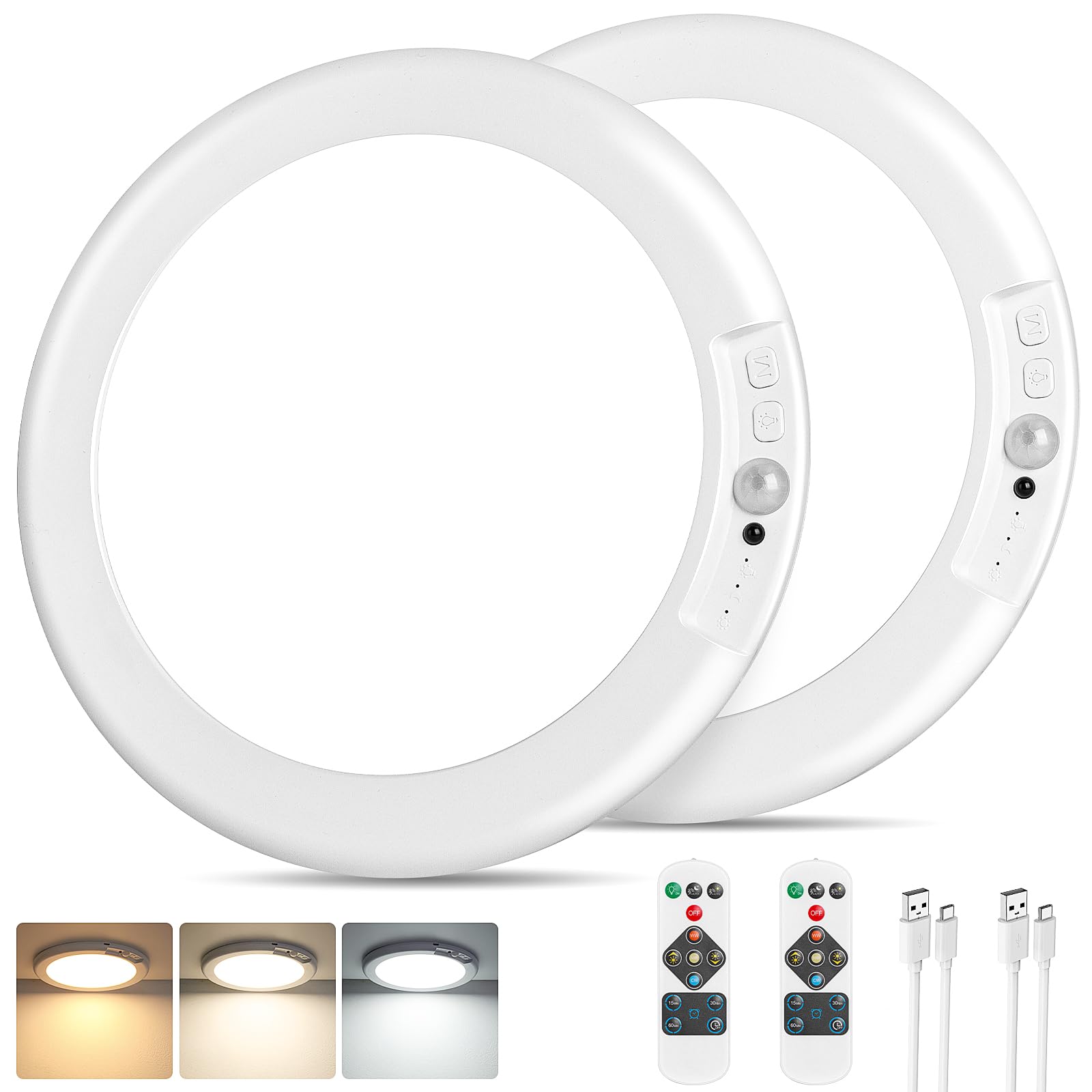 Rechargeable Motion Sensor Ceiling Lights with Remote, Battery Operated Closet Lights No Wiring, Wireless LED Shower Lights, 3 Colors Dimmable Overhead Lamps for Closet Shower Pantry Hallway, 2 Pack