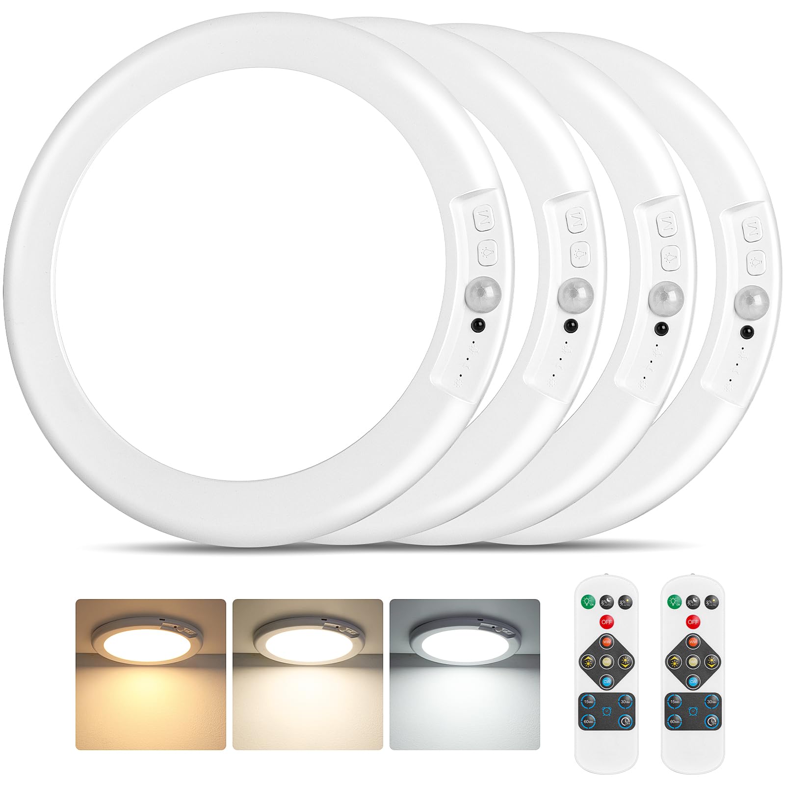 Rechargeable Motion Sensor Ceiling Lights with Remote, Battery Operated Closet Lights No Wiring, Wireless LED Shower Lights, 3 Colors Dimmable Overhead Lamps for Closet Shower Pantry Hallway, 2 Pack