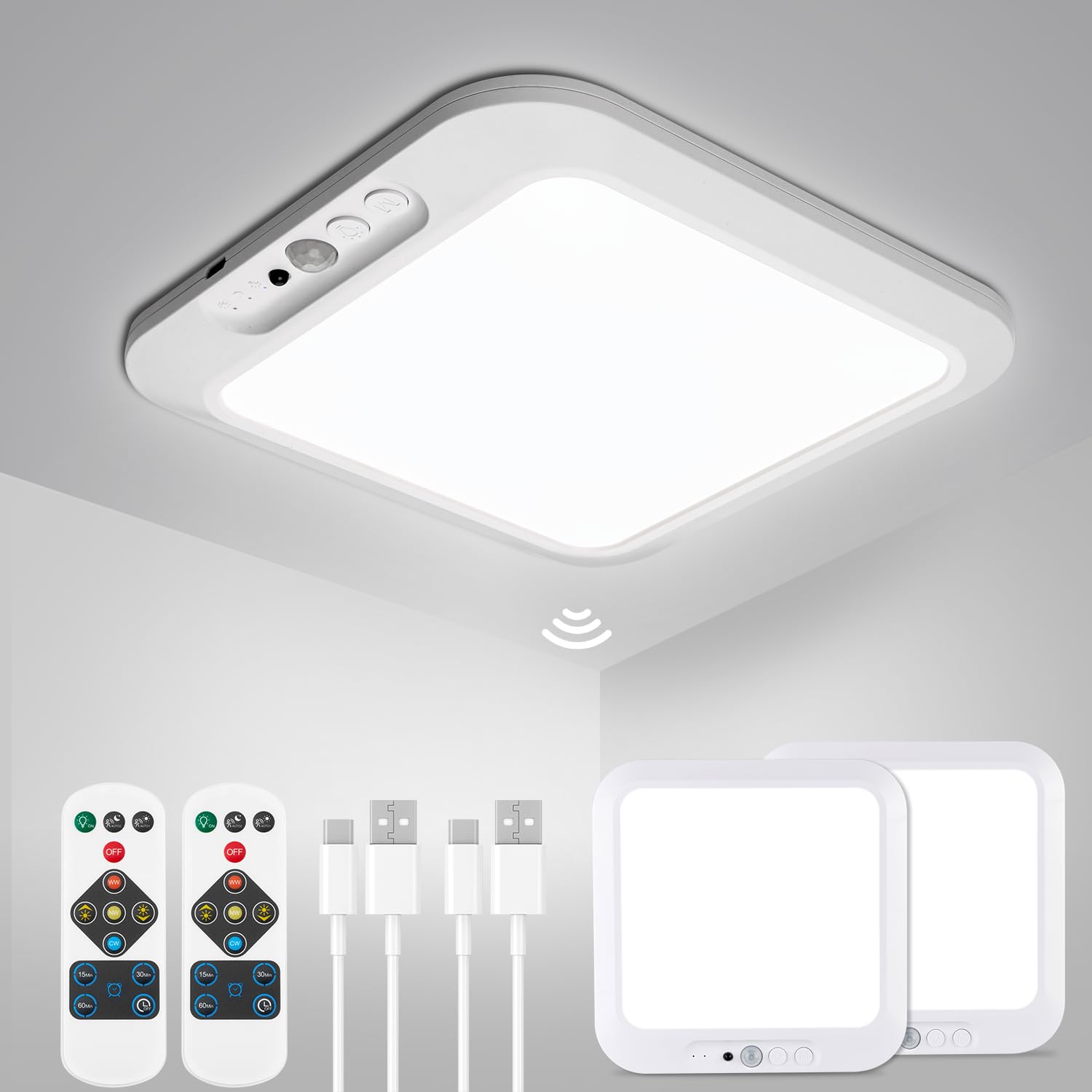 wowatt 2Pcs Battery Operated Ceiling Lights Rechargeable Motion Sensor Light Indoor Wireless Shower Light with Remote 3000K 4500K 6500K 7.48in Dimmable Timing Motion Activated Lamp for Closet Shower