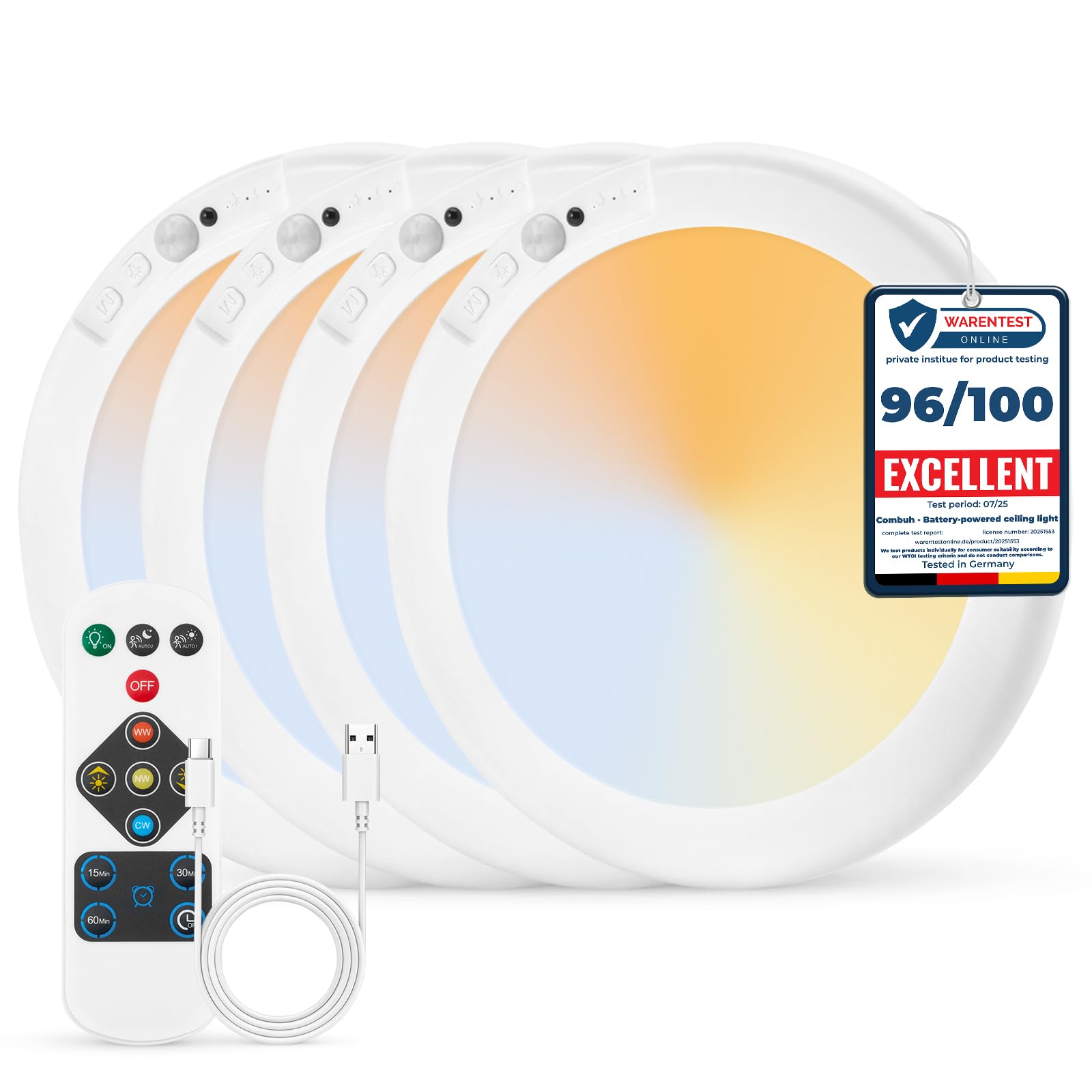 Combuh Rechargeable Battery Operated Ceiling Light for Shower Inside Wireless, 105 Day Battery Life Powered 11.8Inch Bright Waterproof Magnetic RGB Overhead Lighting without Wiring for Closet Bathroom