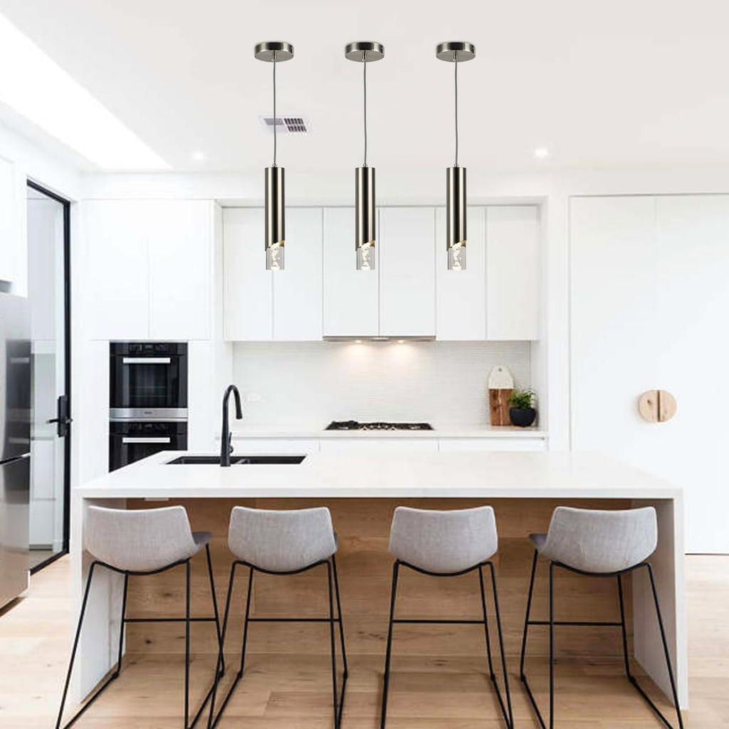 Modern Cylinder Pendant Light, Dimmable Brushed Nickel Acrylic Pendant Lights Kitchen Island, Single Small Ceiling Light Fixture with Bubble for Vanity Powder Room