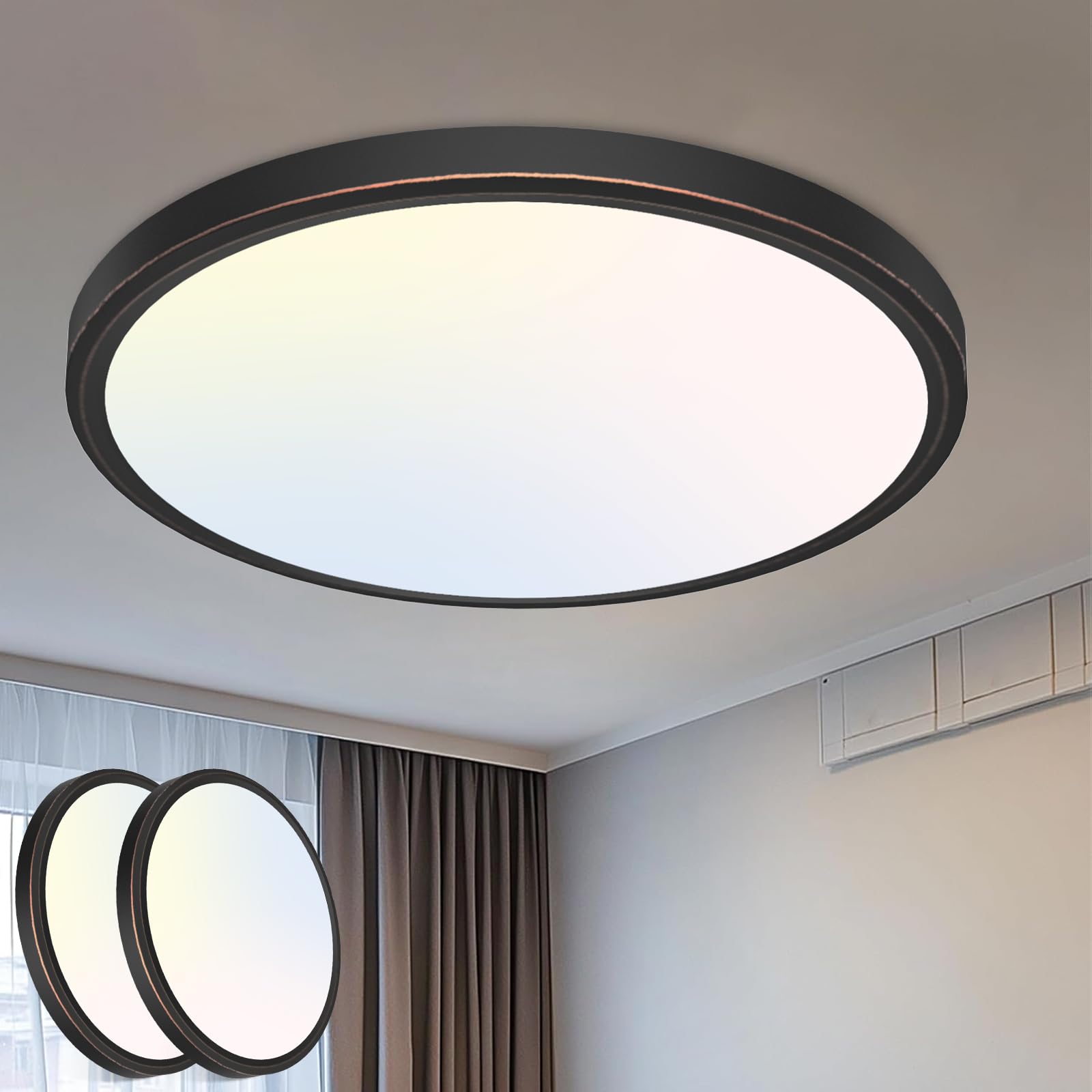 libtit 12 inch Flush Mount LED Ceiling Light Fixture, 3000K 4000K 6500K Adjustable, 28W 3200lm Brushed Nickel Satin Round Ceiling Lamp for Bathroom Hallway Kitchen Bedroom, 2 Pack