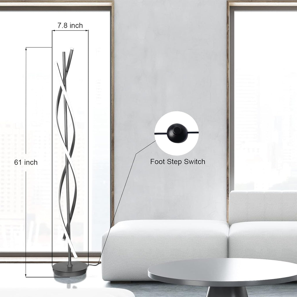 61in 60W DNA Spiral LED Floor Lamp, 3-Color Remote Dimmable Black Nordic Standing Light for Living Room Decor