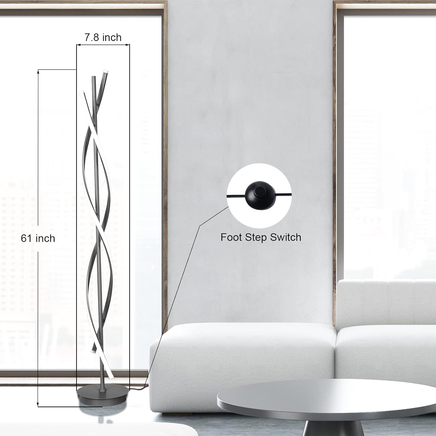 61in 60W DNA Spiral LED Floor Lamp, 3-Color Remote Dimmable Black Nordic Standing Light for Living Room Decor