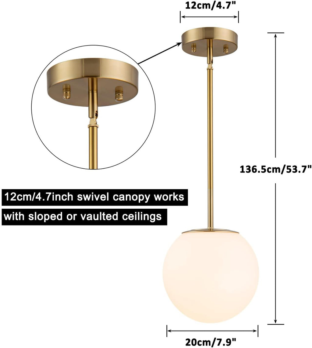Modern Globe Pendant Light – Large Mid Century, Shatterproof Acrylic Opal Shade, Gold Finish, 2-Light, Adjustable Height for Sloped Ceilings, Hanging Lamp for Kitchen Island Dining Room Hallway