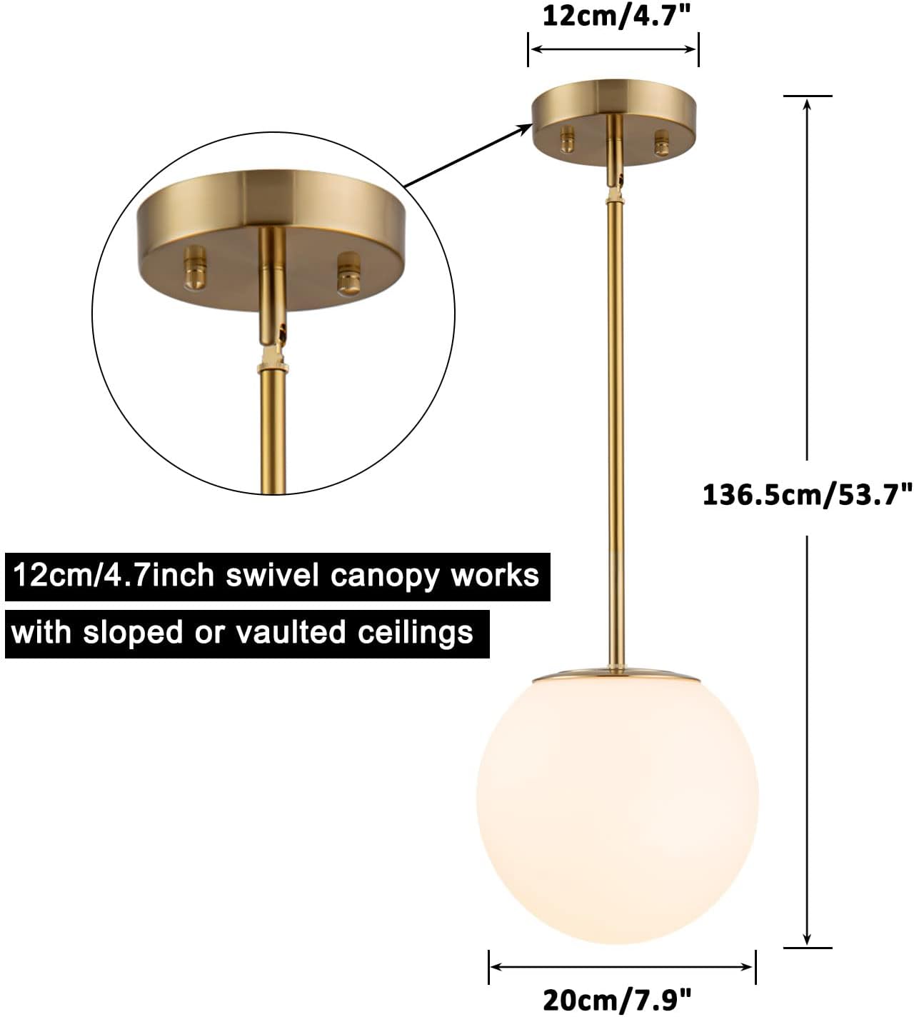 Modern Globe Pendant Light – Large Mid Century, Shatterproof Acrylic Opal Shade, Gold Finish, 2-Light, Adjustable Height for Sloped Ceilings, Hanging Lamp for Kitchen Island Dining Room Hallway