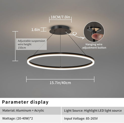 15.7in Black Acrylic Dimmable LED Pendant Light, 3-Color Remote Controlled Ceiling Chandelier for Kitchen