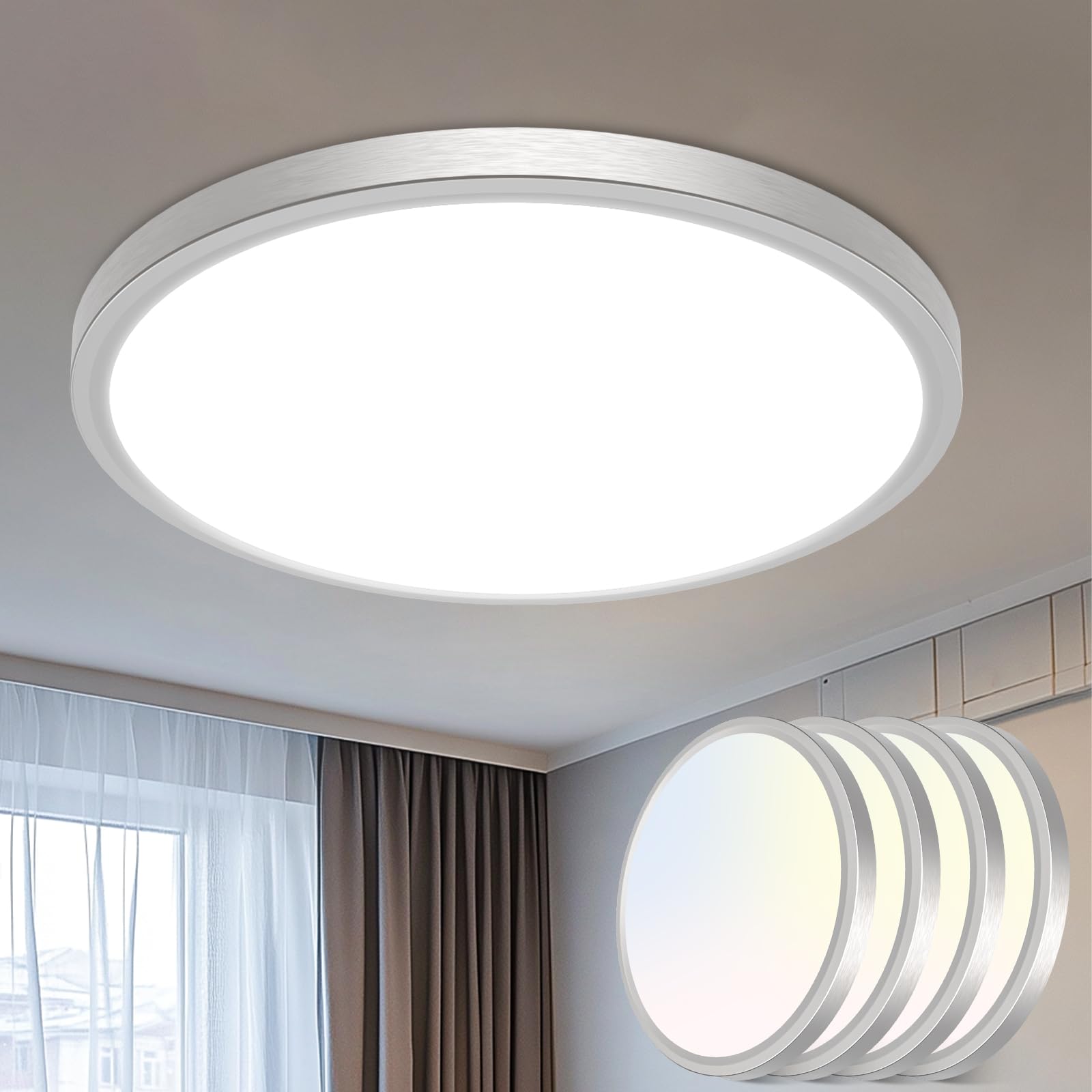 libtit 12 inch Flush Mount LED Ceiling Light Fixture, 3000K 4000K 6500K Adjustable, 28W 3200lm Brushed Nickel Satin Round Ceiling Lamp for Bathroom Hallway Kitchen Bedroom, 2 Pack
