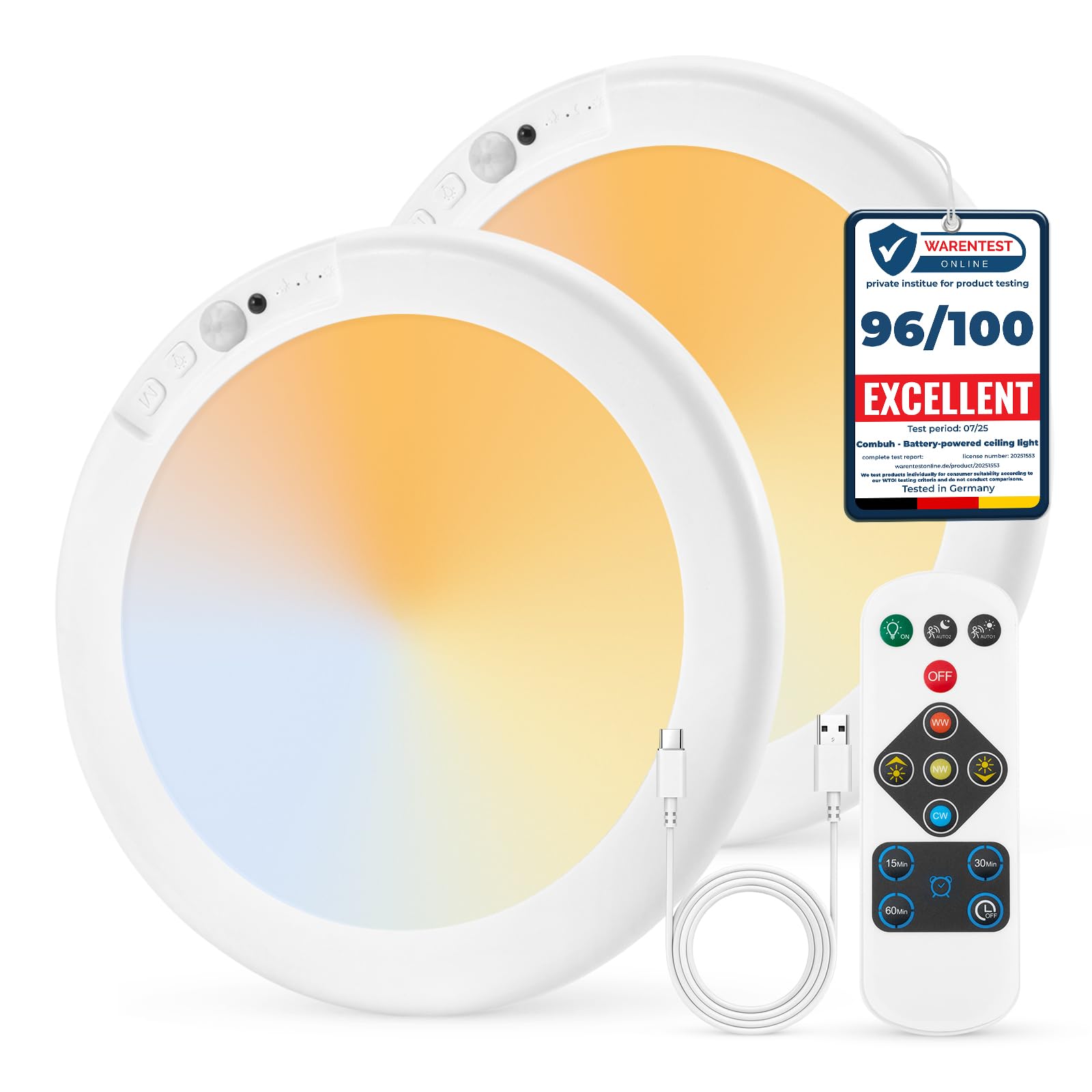 Combuh Rechargeable Battery Operated Ceiling Light for Shower Inside Wireless, 105 Day Battery Life Powered 11.8Inch Bright Waterproof Magnetic RGB Overhead Lighting without Wiring for Closet Bathroom