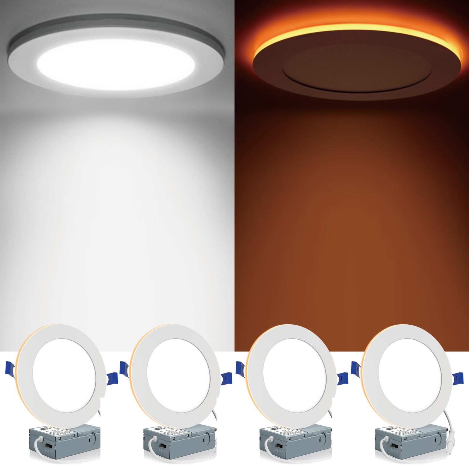 Meconard 4 Pack 6 Inch 5CCT LED Canless Recessed Lighting with Night Light, 2700K/3000K/3500K/4000K/5000K Selectable Ultra-Thin LED Ceiling Lights, 12W=110W, 1050LM, Dimmable Wafer Downlight ETL&FCC