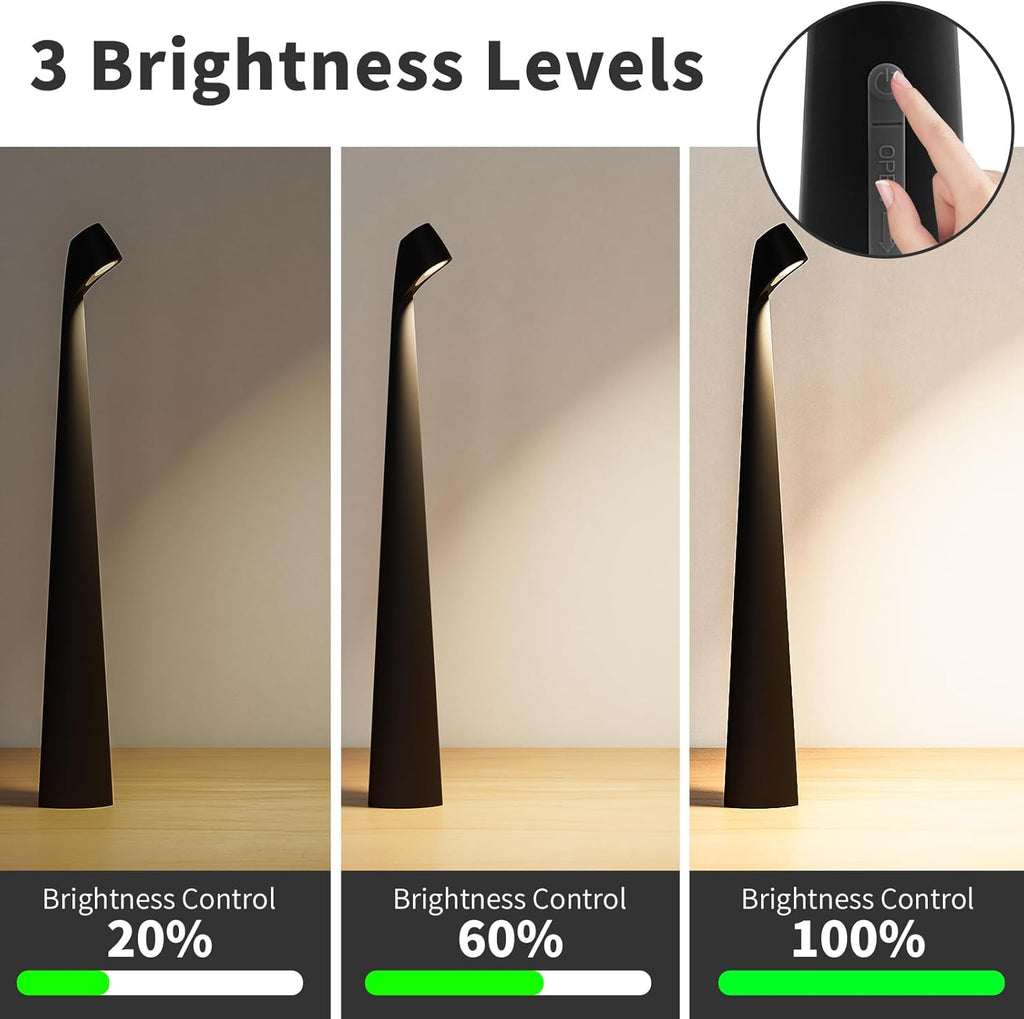 HAPYGI Portable Cordless LED Desk Lamp,Rechargeable Wireless Table Lamp, 3-Level Brightness, Patio Table Lamp, Bedside Night Light, Dining Room Ambient Light, Reading Light (Black)