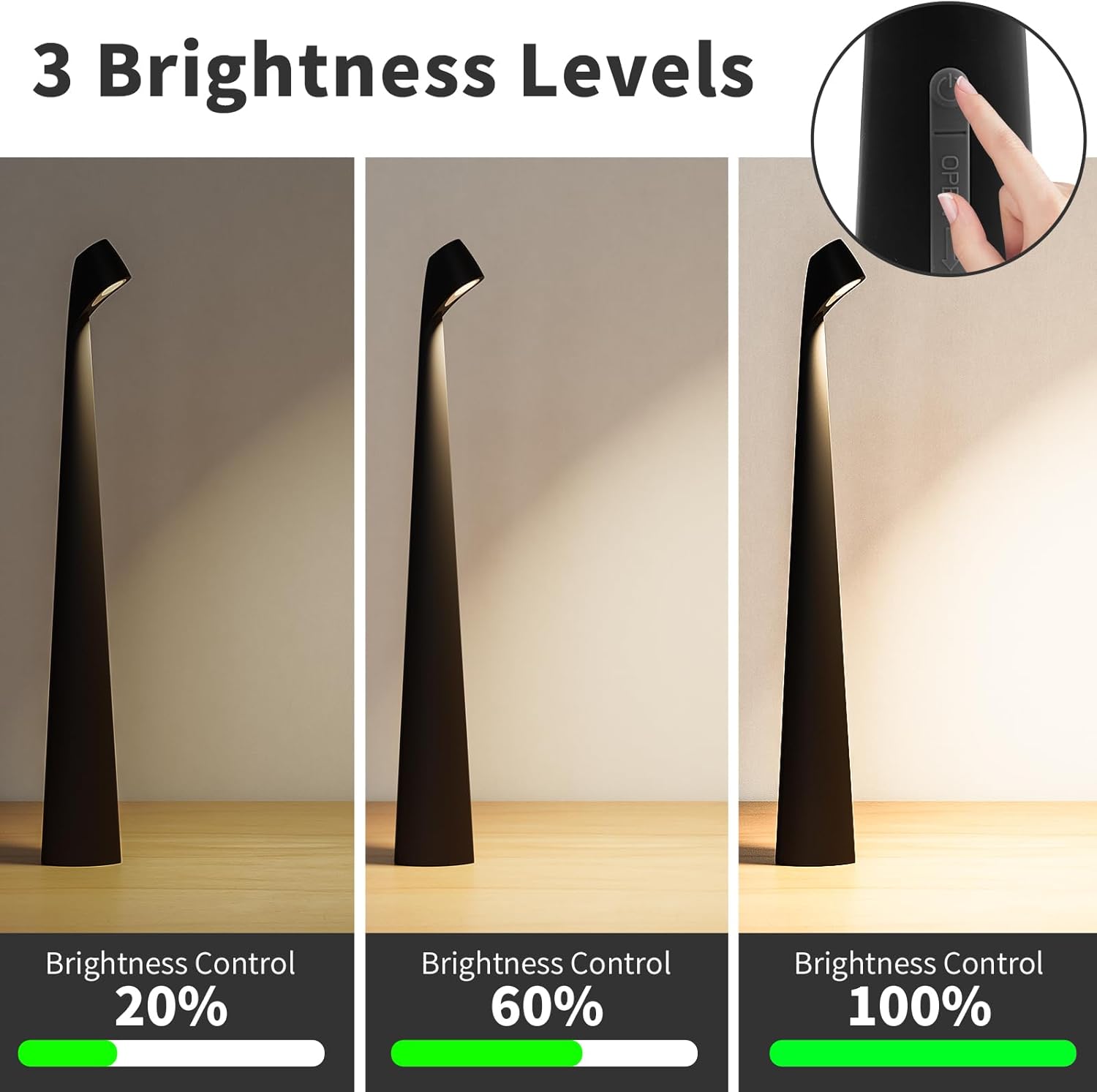 HAPYGI Portable Cordless LED Desk Lamp,Rechargeable Wireless Table Lamp, 3-Level Brightness, Patio Table Lamp, Bedside Night Light, Dining Room Ambient Light, Reading Light (Black)