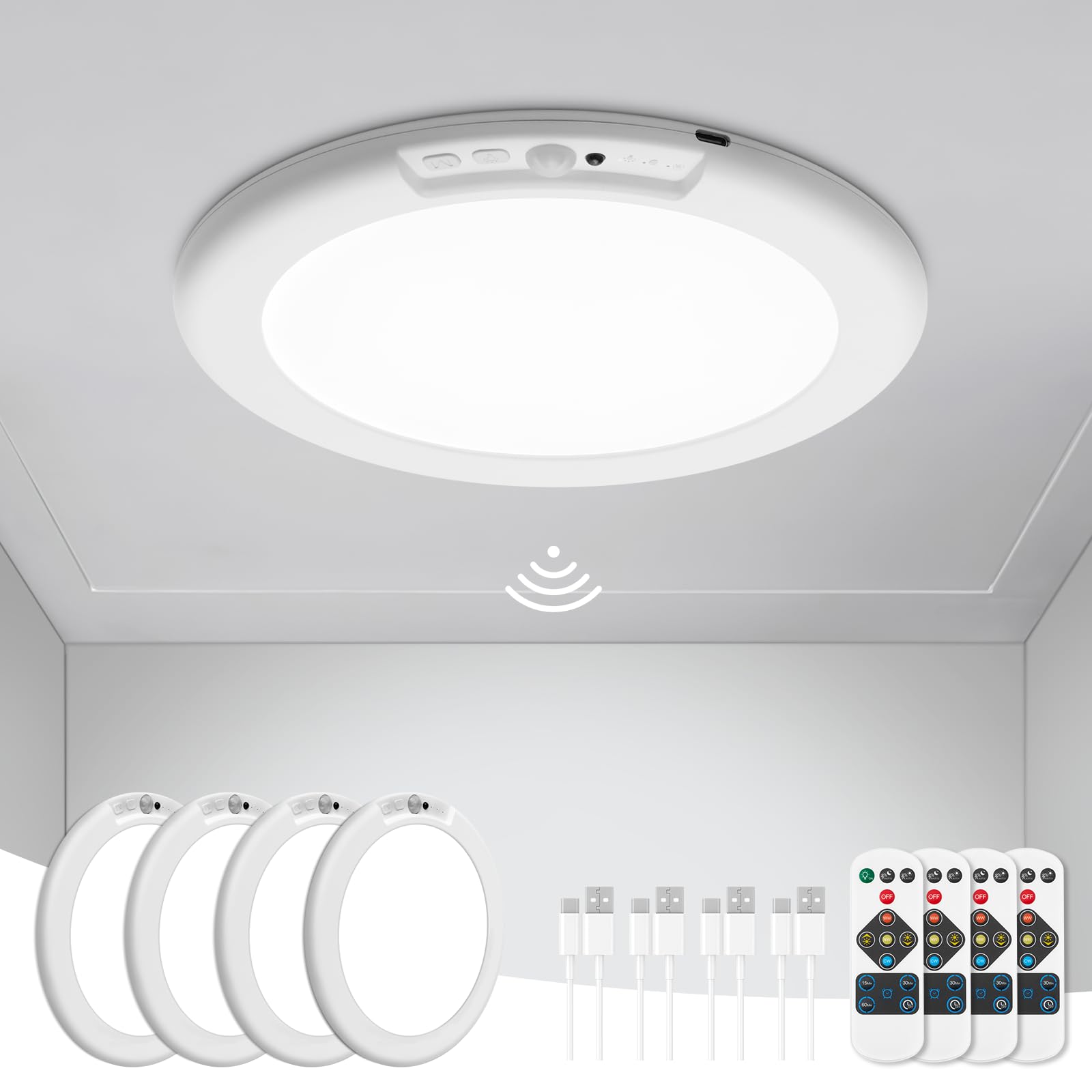 wowatt 2Pcs Battery Operated Ceiling Lights Rechargeable Motion Sensor Light Indoor Wireless Shower Light with Remote 3000K 4500K 6500K 7.48in Dimmable Timing Motion Activated Lamp for Closet Shower