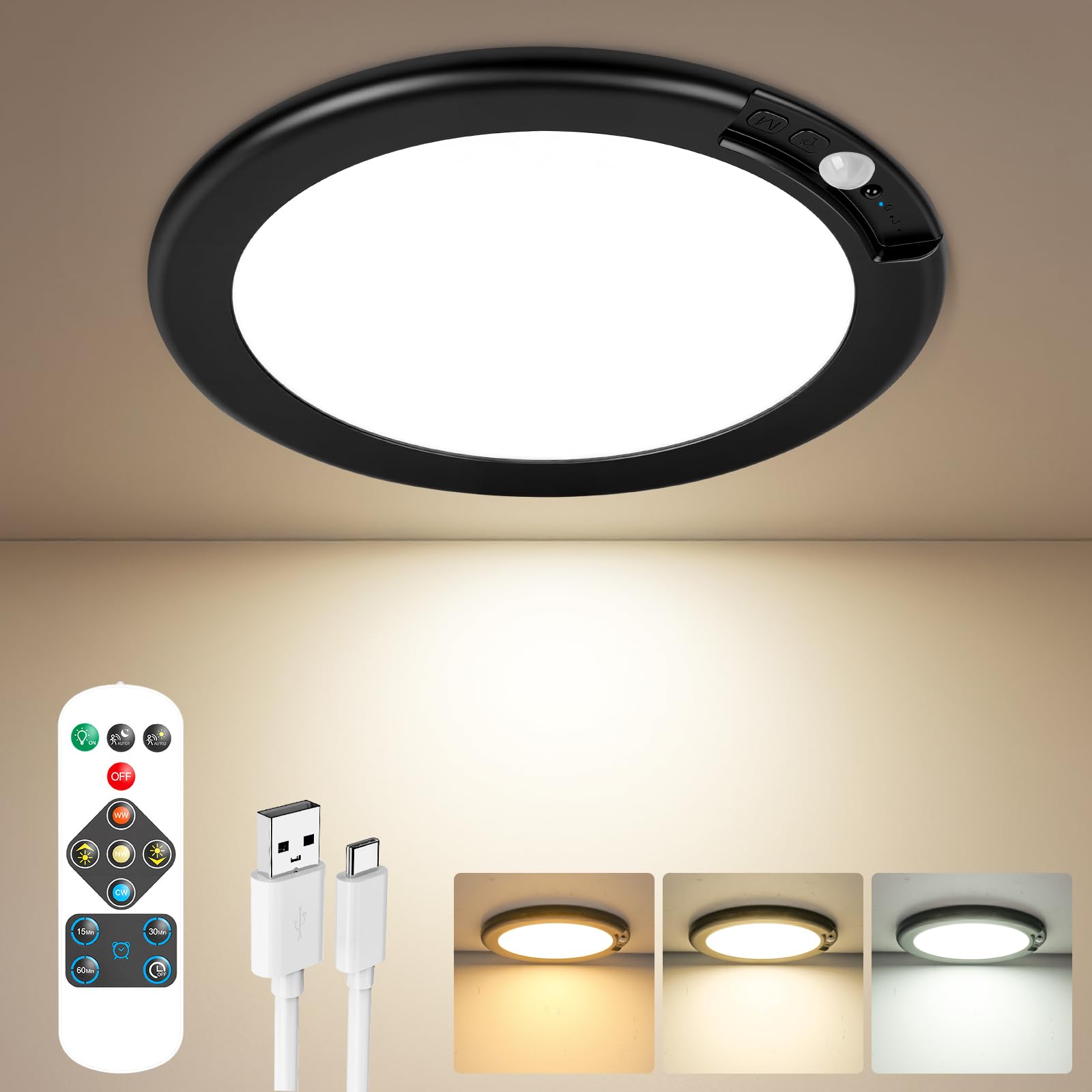 Rechargeable Motion Sensor Ceiling Lights with Remote, Battery Operated Closet Lights No Wiring, Wireless LED Shower Lights, 3 Colors Dimmable Overhead Lamps for Closet Shower Pantry Hallway, 2 Pack