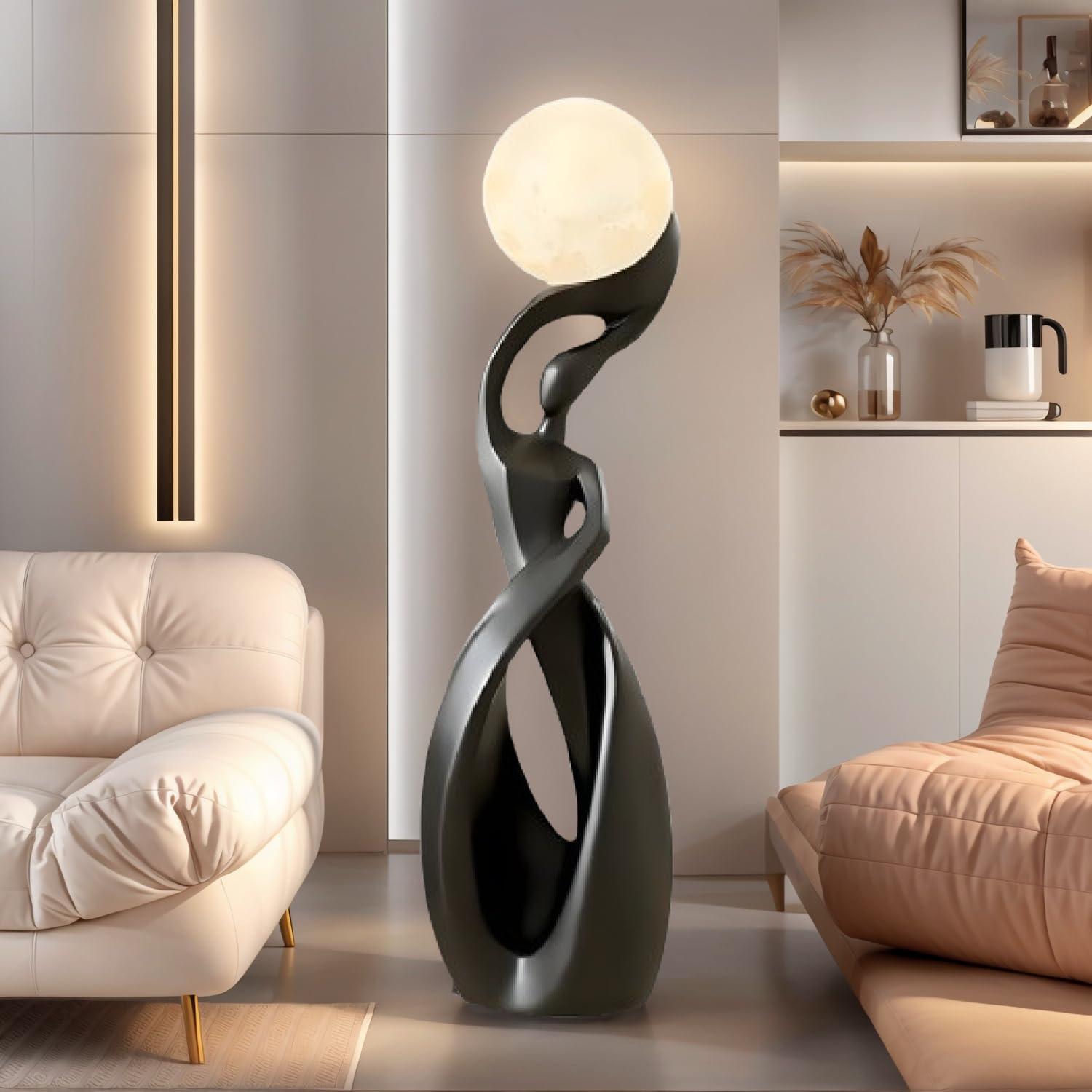 Bofea Black Modern Minimalist 3D Moon Floor Lamp, Nordic Tall Light for Living Room Bedroom & Girls Room Decor