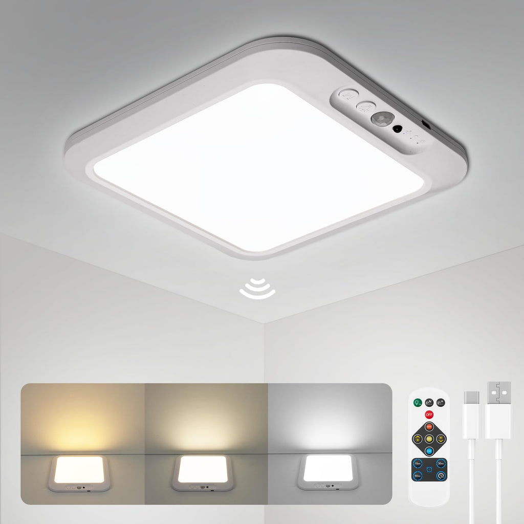 wowatt 2Pcs Battery Operated Ceiling Lights Rechargeable Motion Sensor Light Indoor Wireless Shower Light with Remote 3000K 4500K 6500K 7.48in Dimmable Timing Motion Activated Lamp for Closet Shower