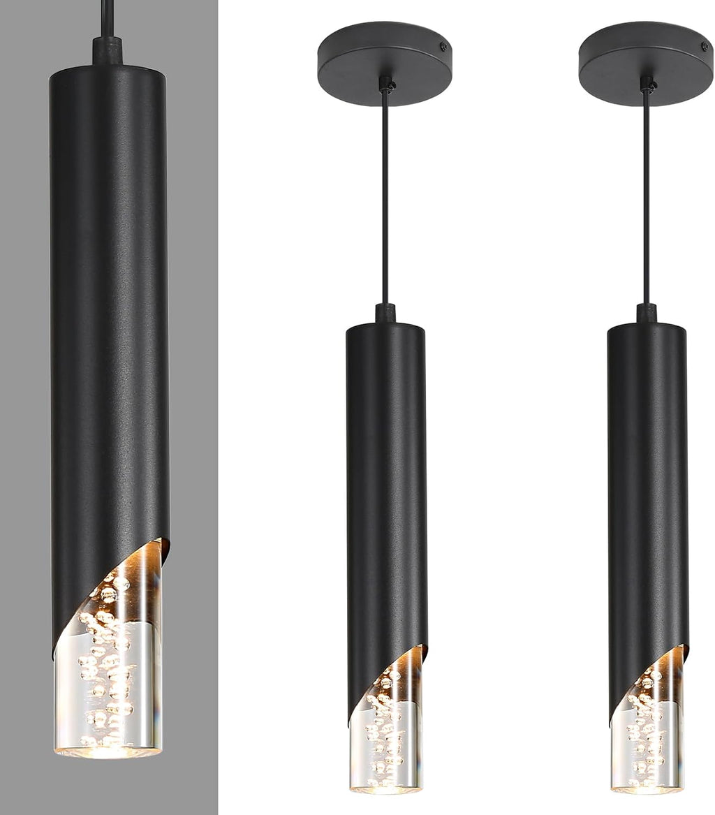 2 Pack Minimalist Kitchen Island Pendant Lights, Black Modern Linear Hanging Light Fixture, Bubble Acrylic, Adjustable 2700K/4500K/6500K, LED Ceiling Lamp for Dining Room, Bedside, Bathroom, Bar
