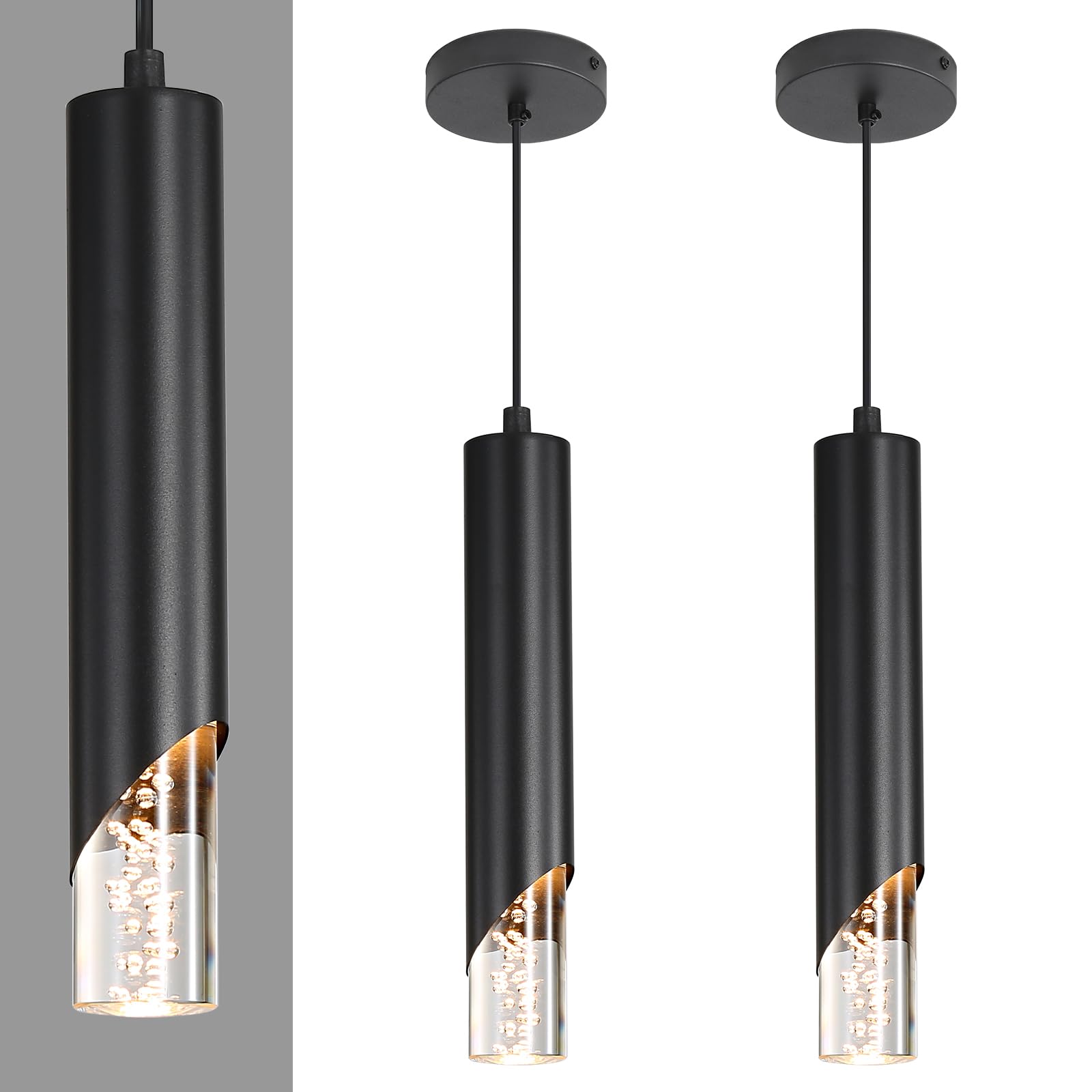 2 Pack Minimalist Kitchen Island Pendant Lights, Black Modern Linear Hanging Light Fixture, Bubble Acrylic, Adjustable 2700K/4500K/6500K, LED Ceiling Lamp for Dining Room, Bedside, Bathroom, Bar