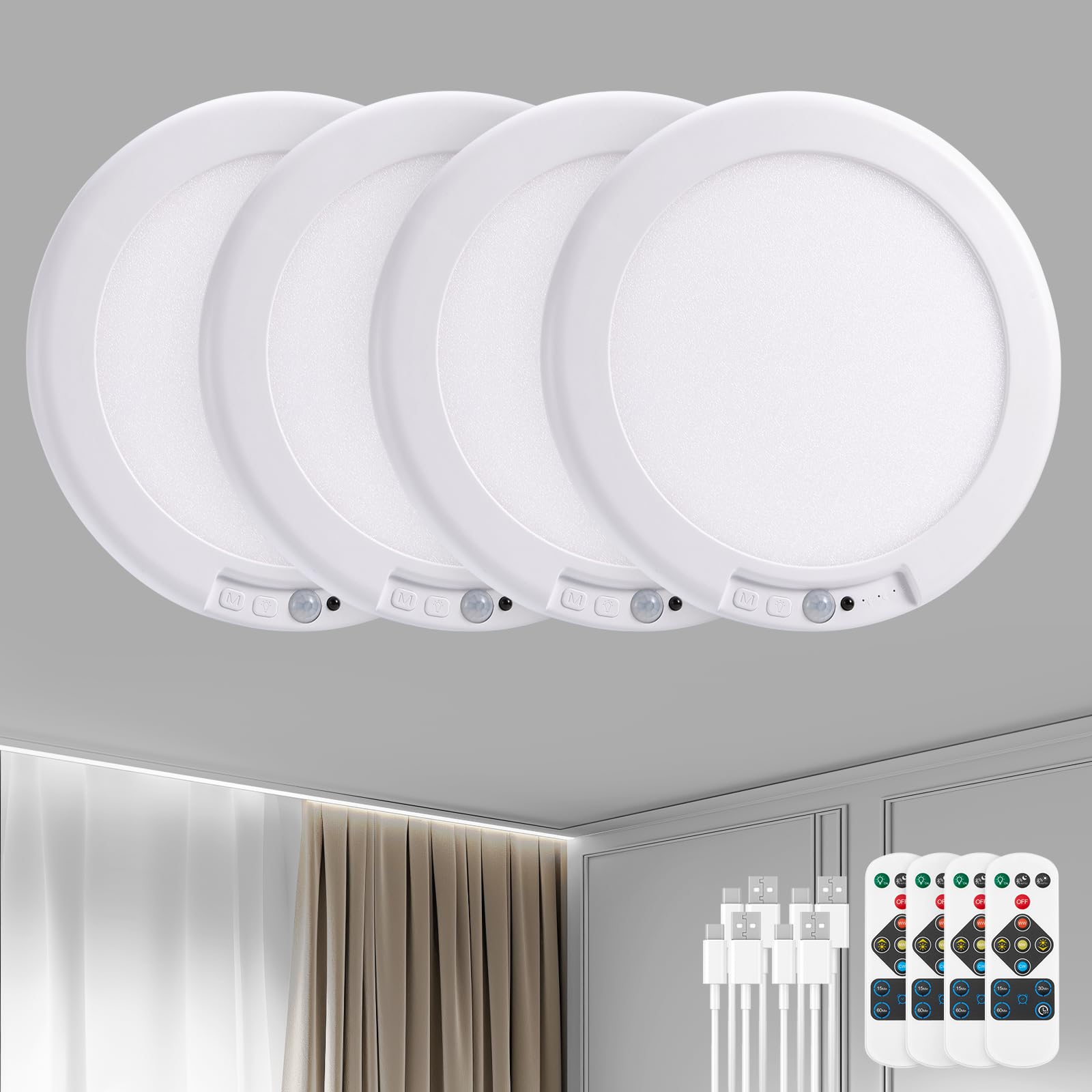 Bojim Rechargeable Ceiling Lights Wireless Waterproof Shower Lighting Inside, 3CCT & Dimmable Magnetic Motion Sensor Lights Battery Operated Closet Light No Wiring for Pantry Laundry 2 Pack