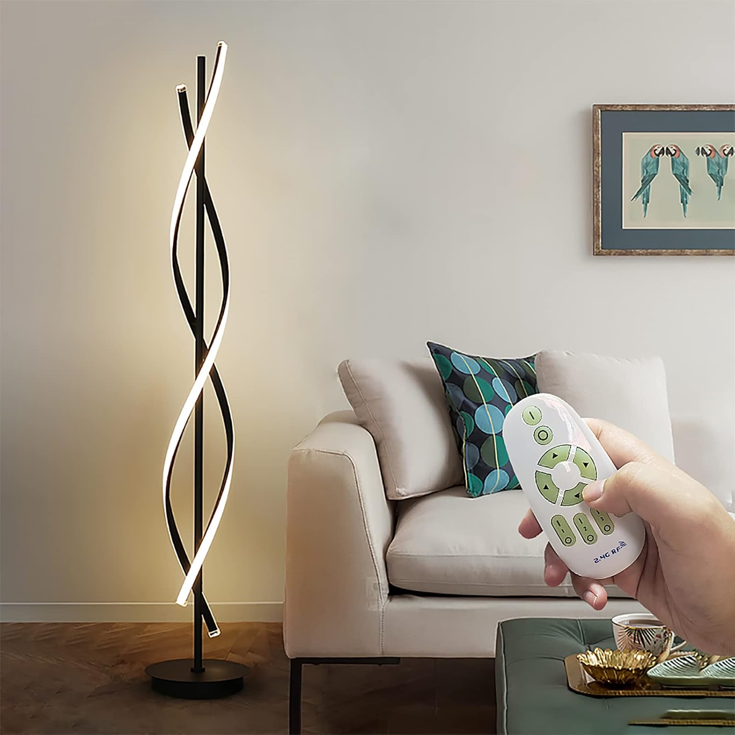 61in 60W DNA Spiral LED Floor Lamp, 3-Color Remote Dimmable Black Nordic Standing Light for Living Room Decor