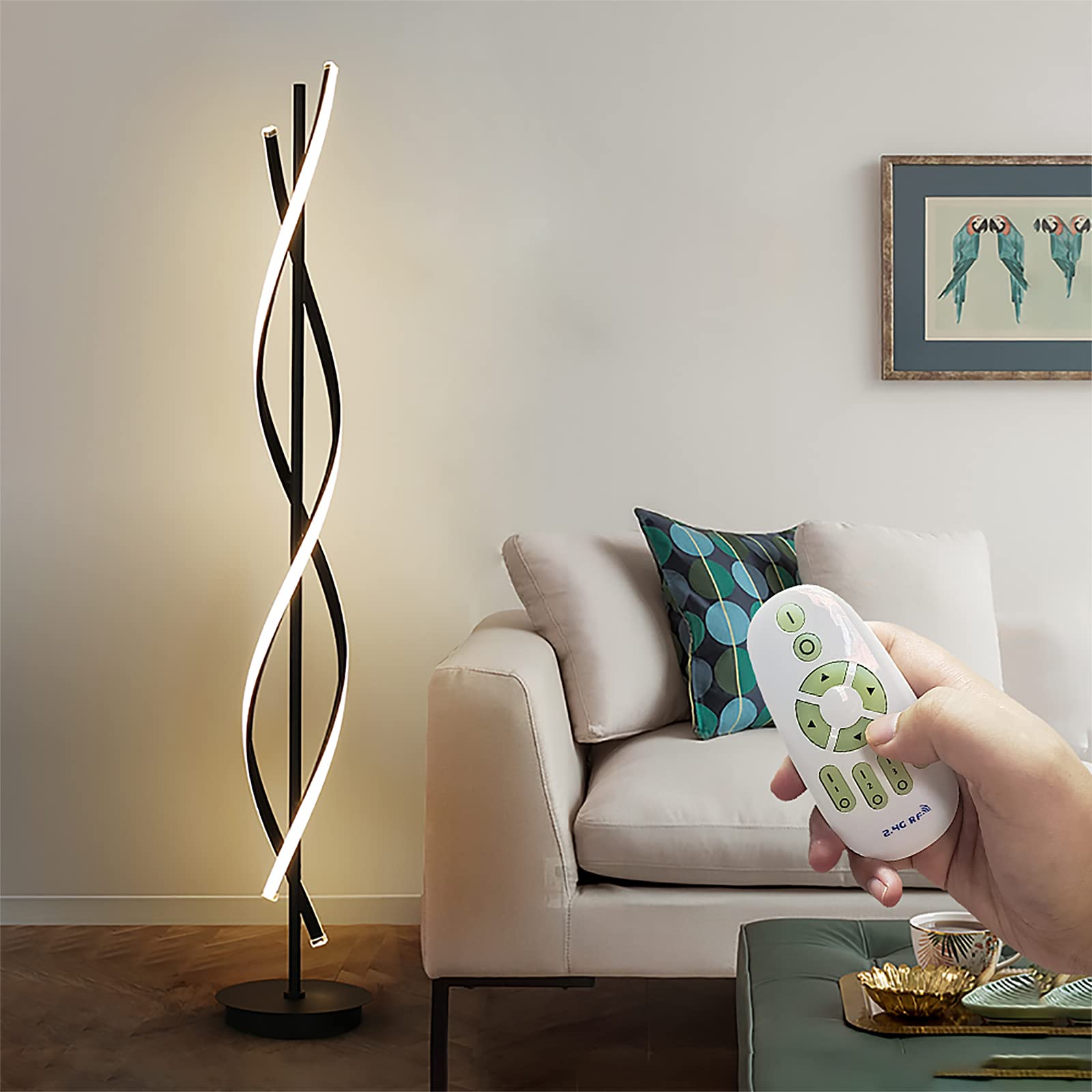 61in 60W DNA Spiral LED Floor Lamp, 3-Color Remote Dimmable Black Nordic Standing Light for Living Room Decor