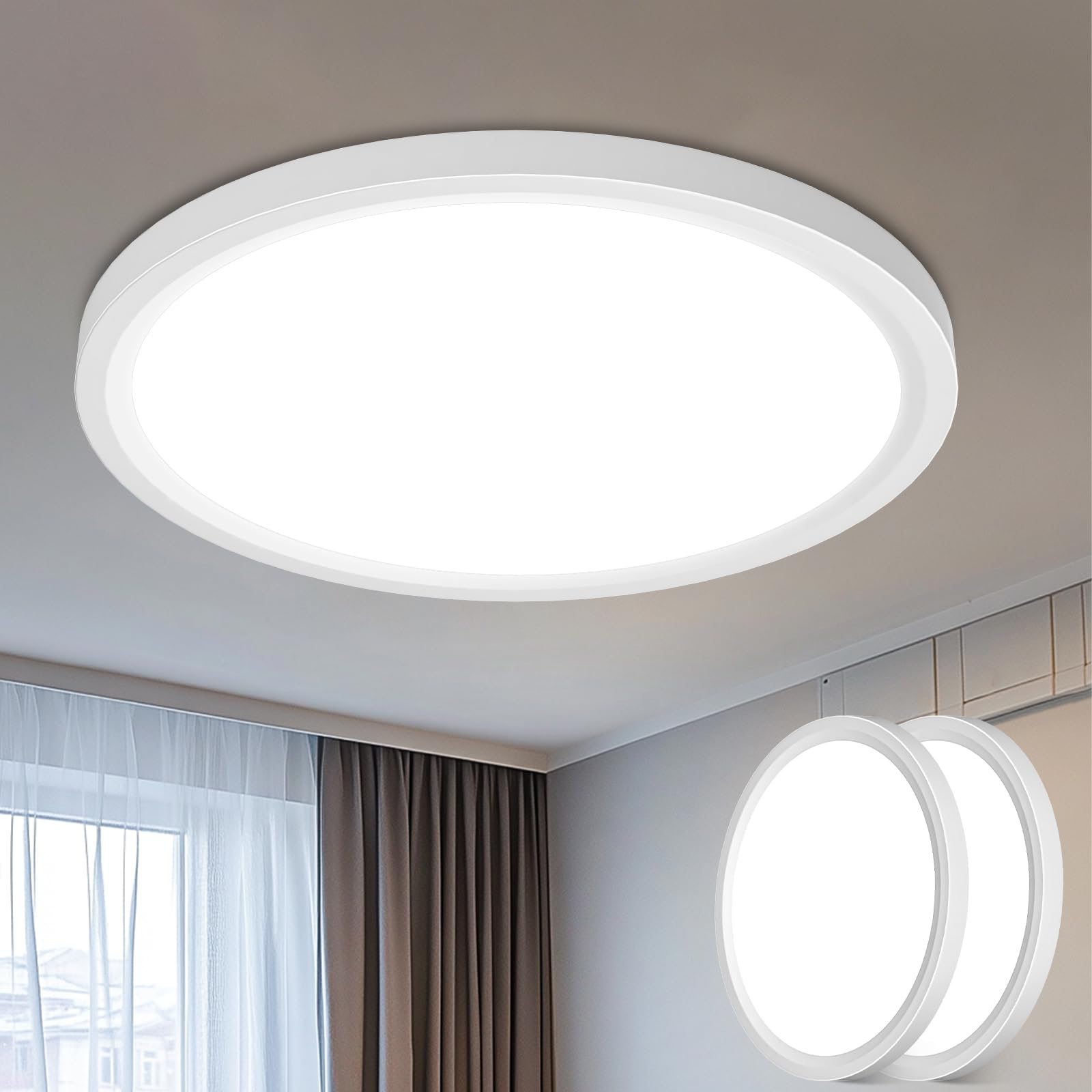 libtit 12 inch Flush Mount LED Ceiling Light Fixture, 3000K 4000K 6500K Adjustable, 28W 3200lm Brushed Nickel Satin Round Ceiling Lamp for Bathroom Hallway Kitchen Bedroom, 2 Pack