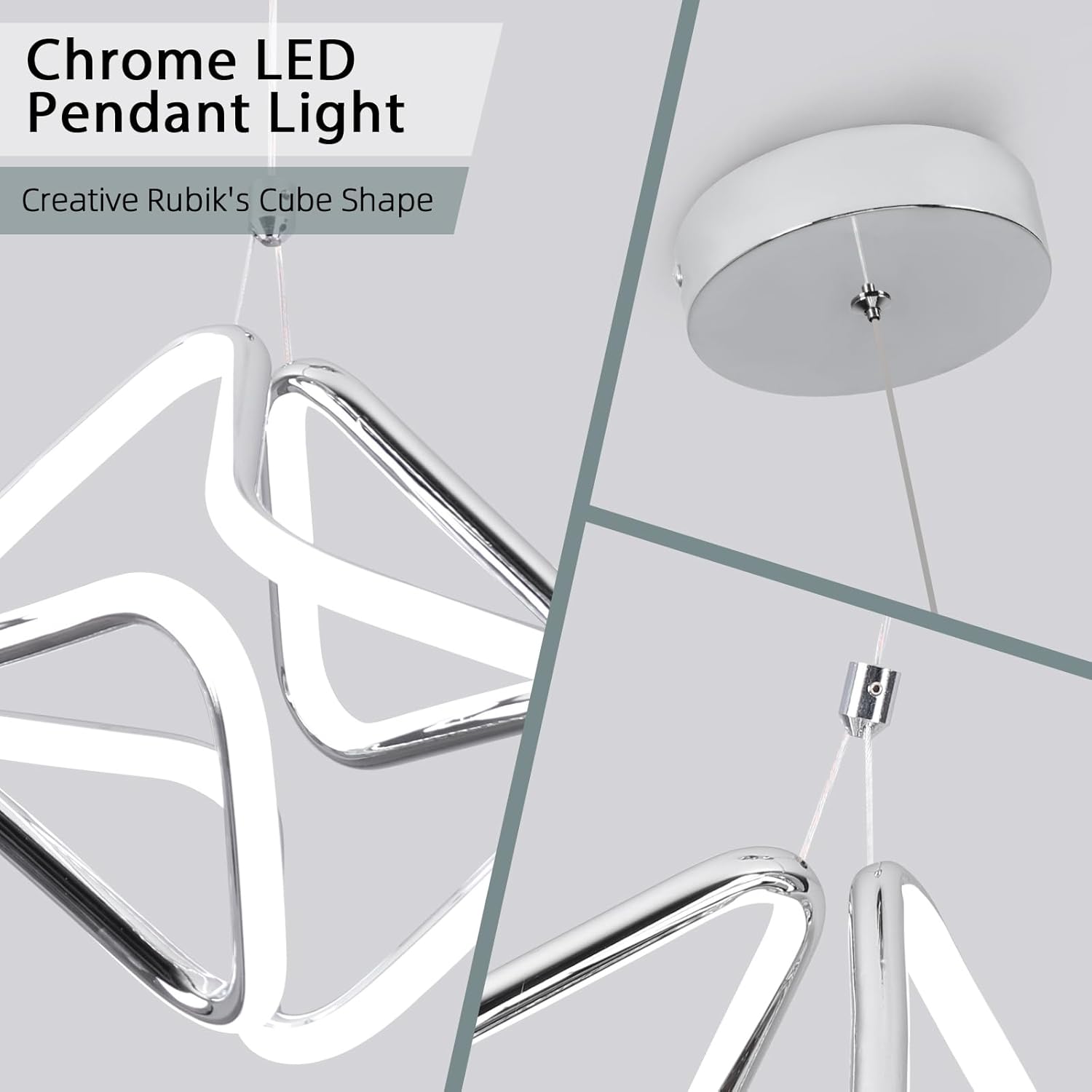Modern Pendant Light Fixtures,6000K Cool White Chrome Led Pendant Lights for Kitchen Island,Adjustable Kitchen Island Hanging Light Fixture for Dining Room Bedroom Sink, 1 Pack