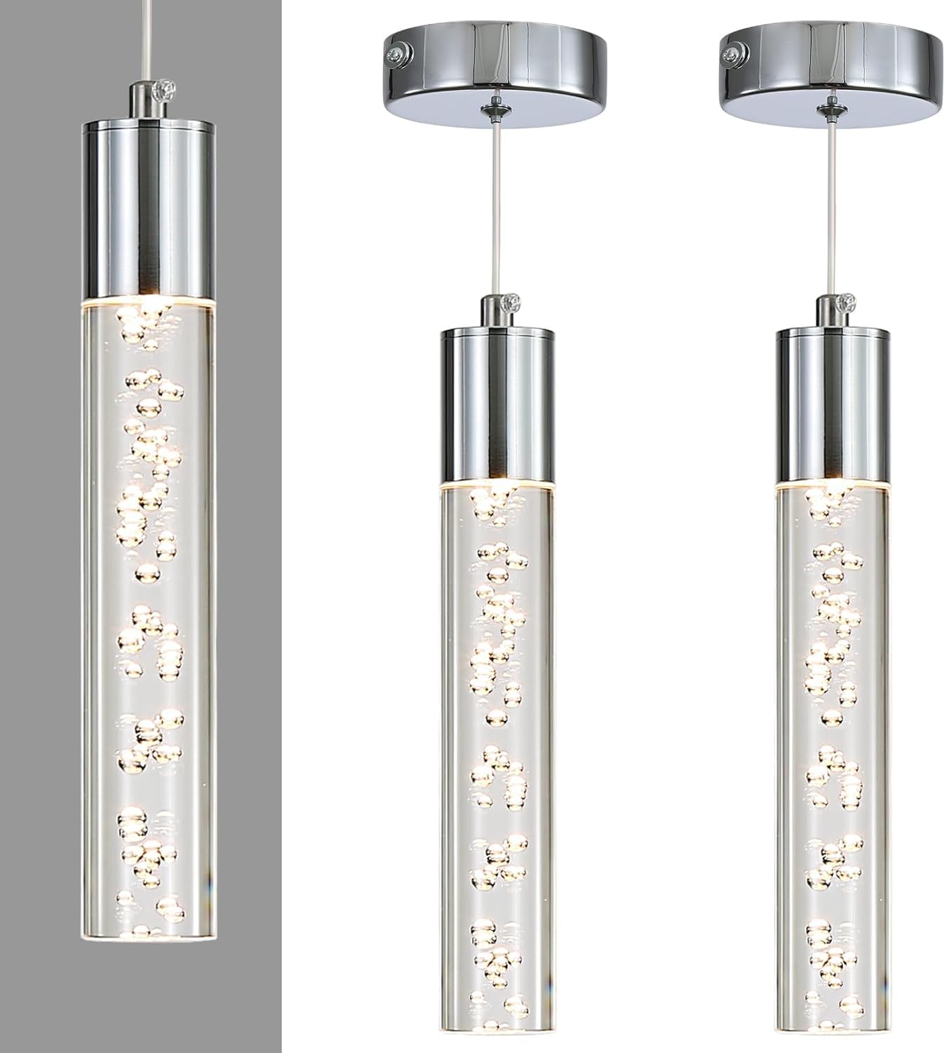 2 Pack Modern Pendant Lights, Mini Chandelier Bubble Acrylic Pendant Lighting for Kitchen Island, 3 Color 3000K/4500K/6500K, Black LED Ceiling Hanging Light for Bathroom, Dining Room, Bedroom